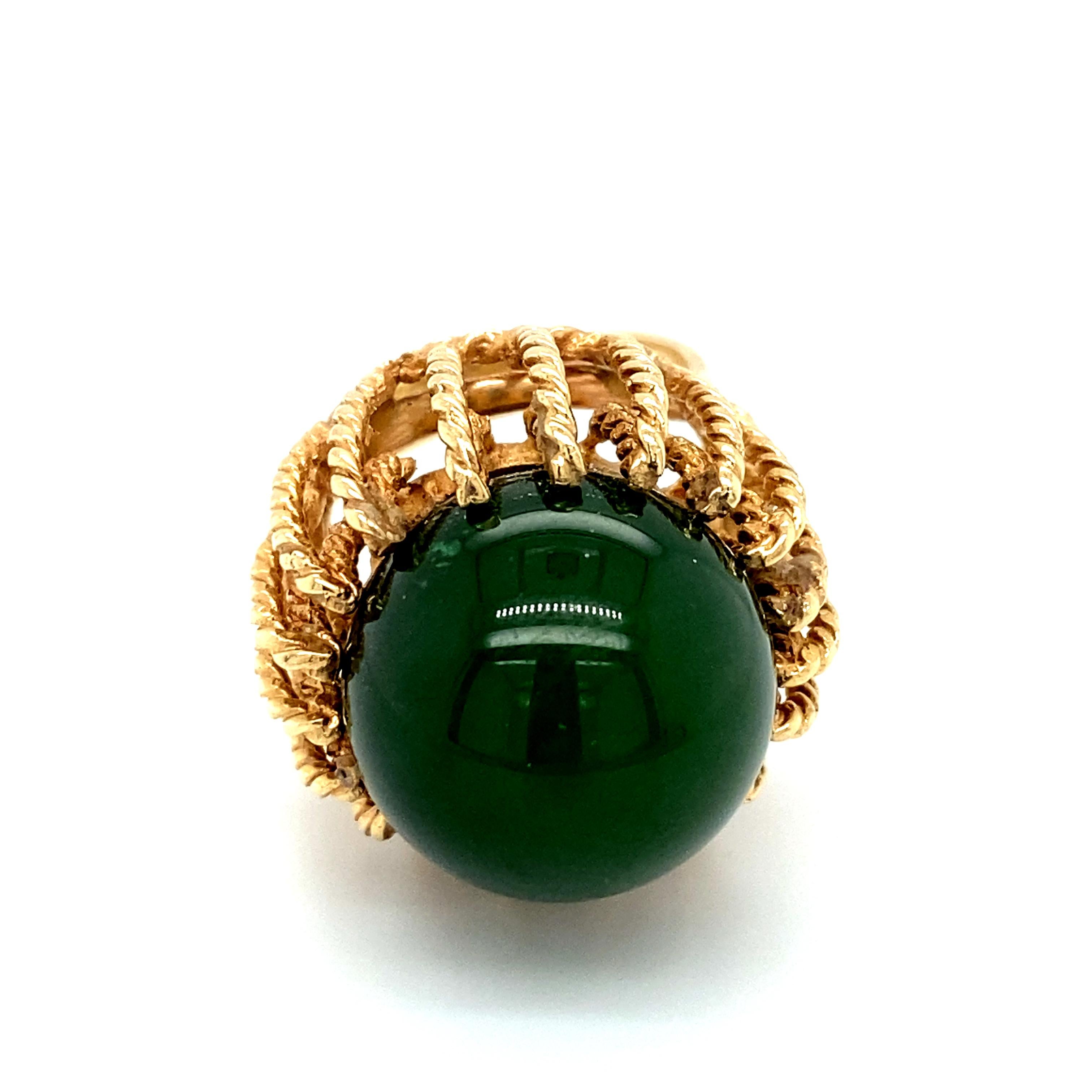 Bead Circa 1960s Green Jade Cocktail Ring in 14 Karat Yellow Gold For Sale