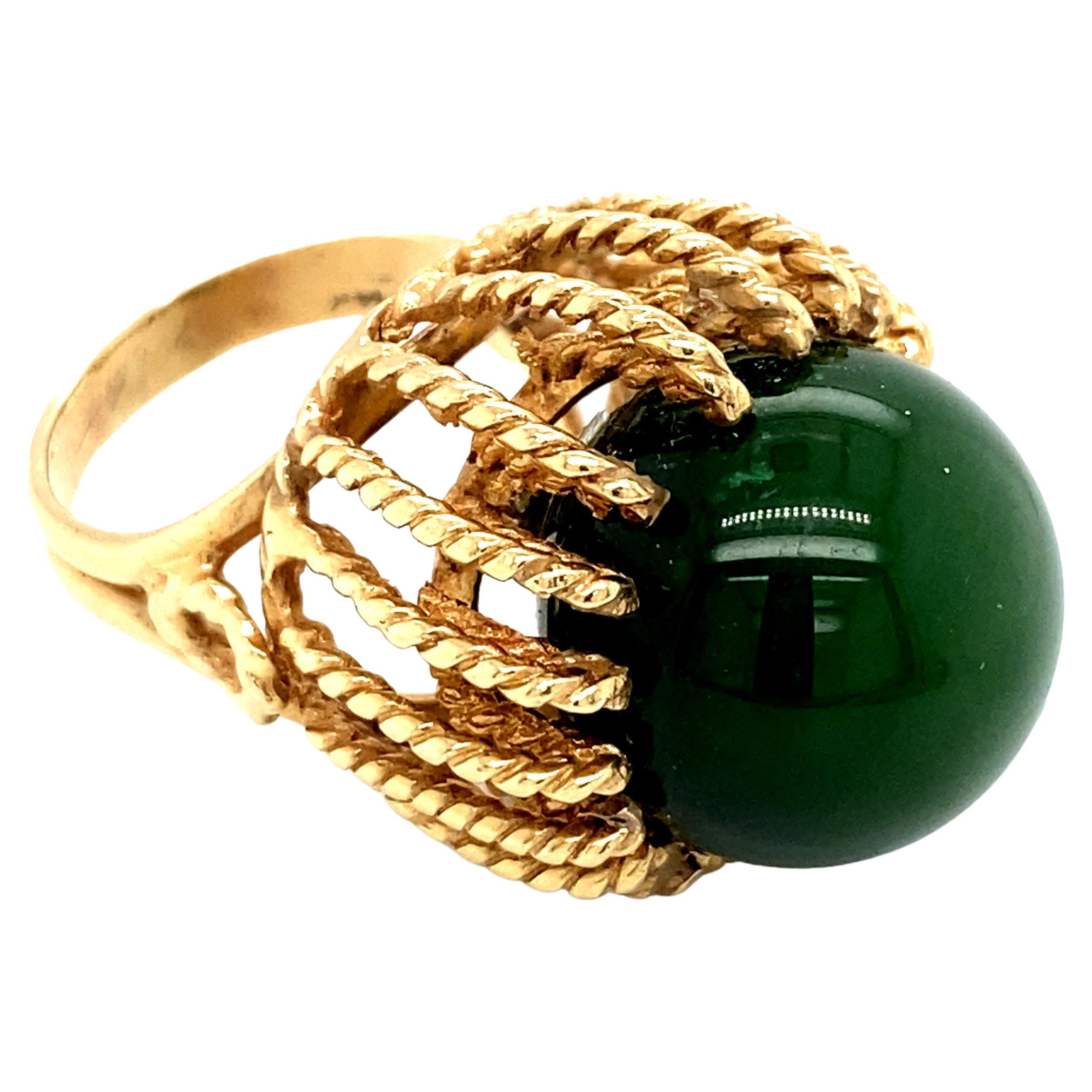 Circa 1960s Green Jade Cocktail Ring in 14 Karat Yellow Gold