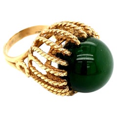 Circa 1960s Green Jade Cocktail Ring in 14 Karat Yellow Gold