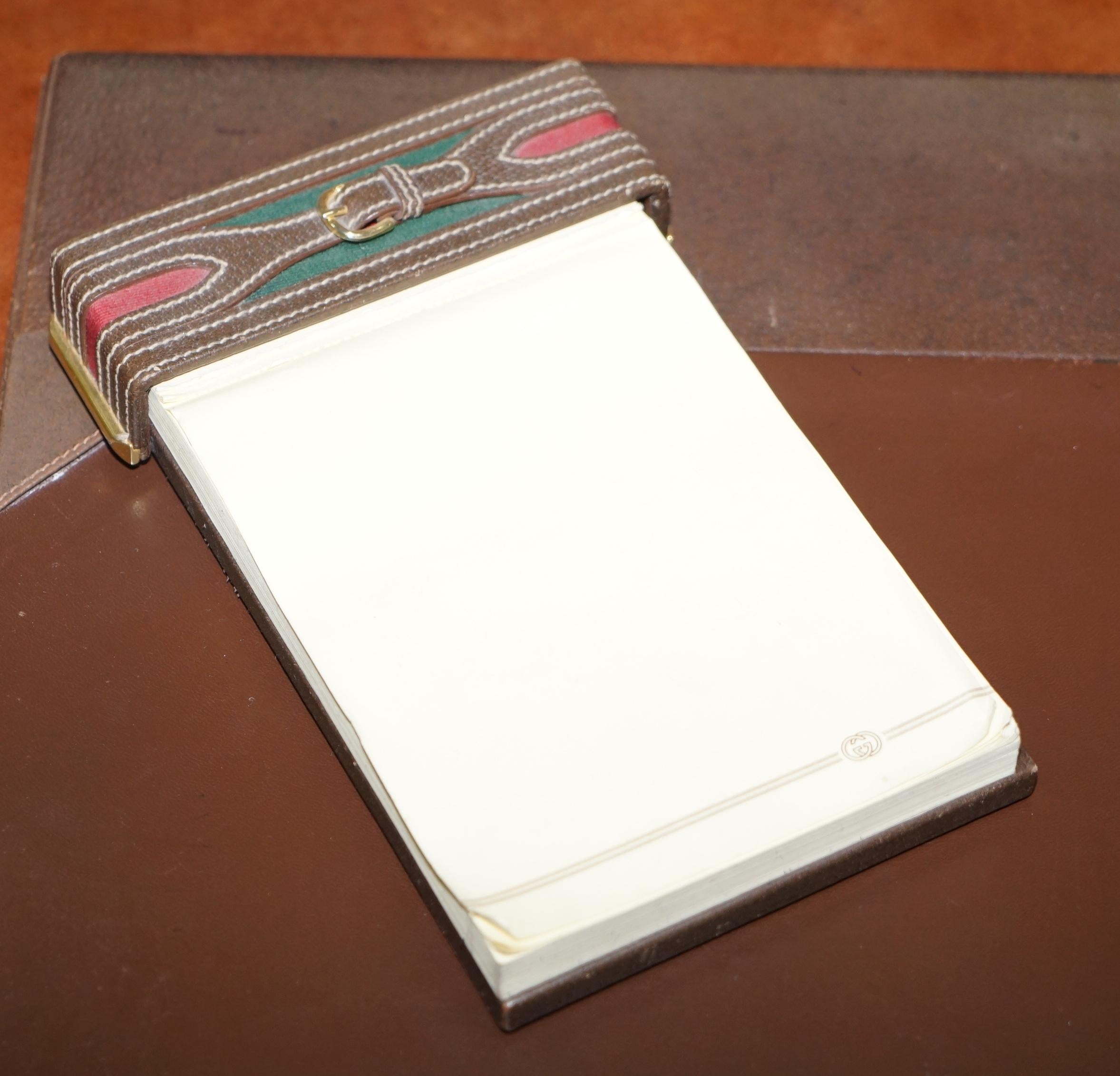 We are delighted to offer for sale this lovely suite of original circa 1960s Vintage Gucci brown leather desk accessories

A wonderful suite. This set includes the original pad, writing slope with removable secondary writing board and lastly the