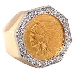 circa 1960s Indian Head Coin Ring with Diamond Halo in 14K Gold