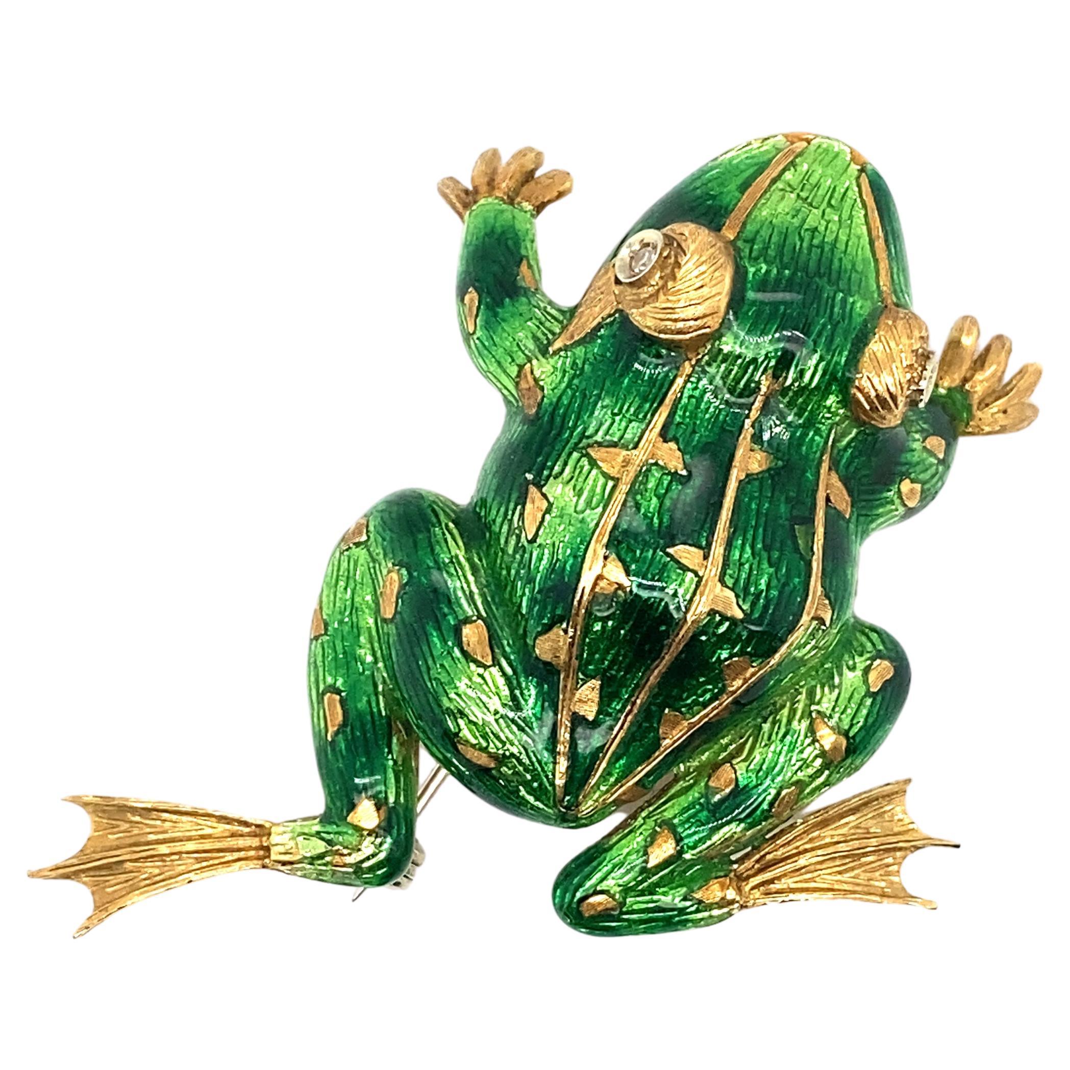 Italian Enamel and Diamond Frog Brooch in 18 Karat Yellow Gold, circa 1960s