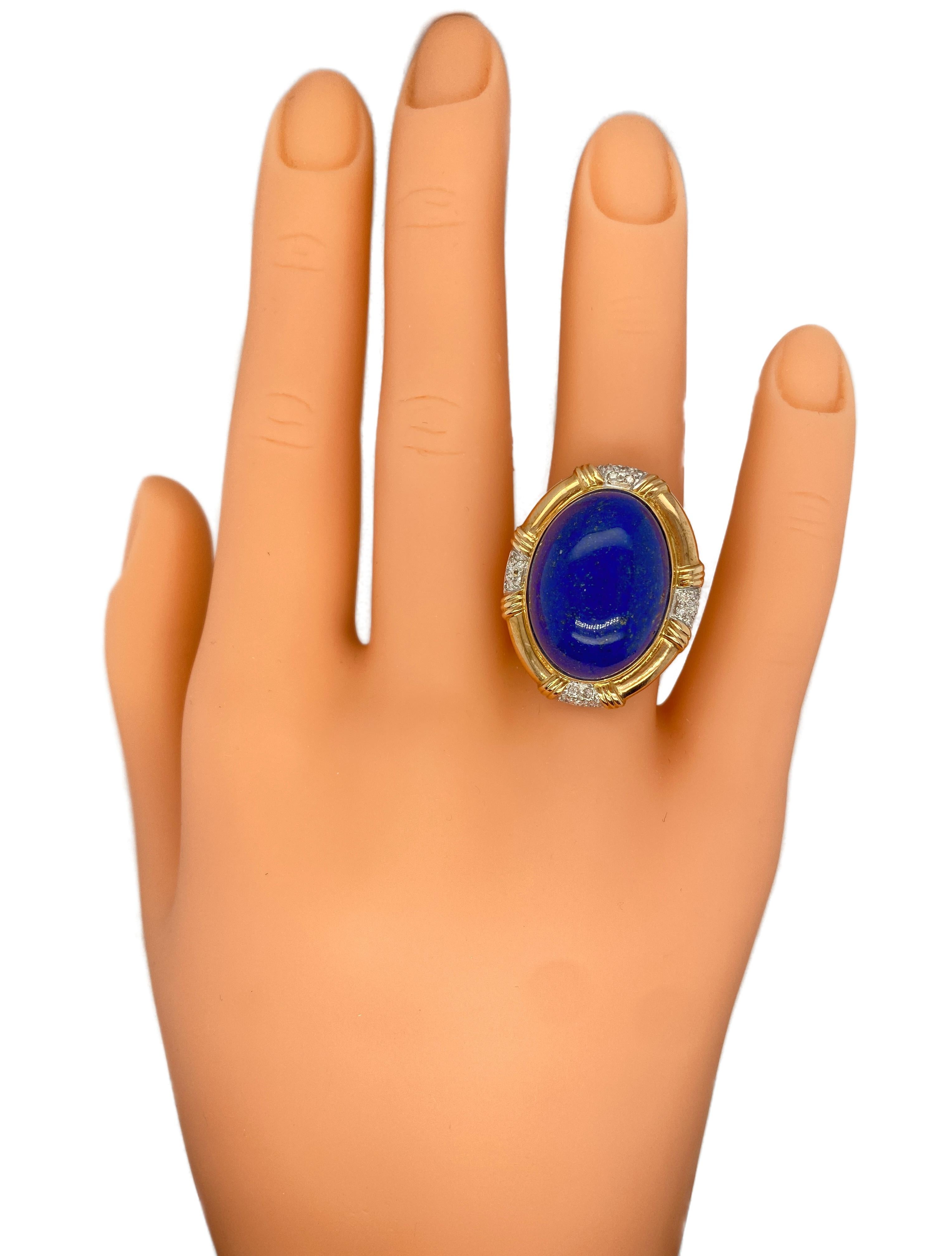 Art Deco Circa 1960s Large Oval Lapis Ring with Diamonds in 14K Gold For Sale