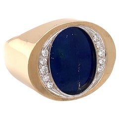 Circa 1960s Mid Century Diamond and Oval Lapis Lazuli Cocktail Ring in 14k Gold