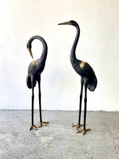 Circa 1960's Mid-Century Modern Brass Life Size Pair of Cranes Birds Sculptures