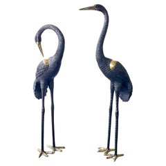 Circa 1960's Mid-Century Modern Brass Life Size Pair of Cranes Birds Sculptures