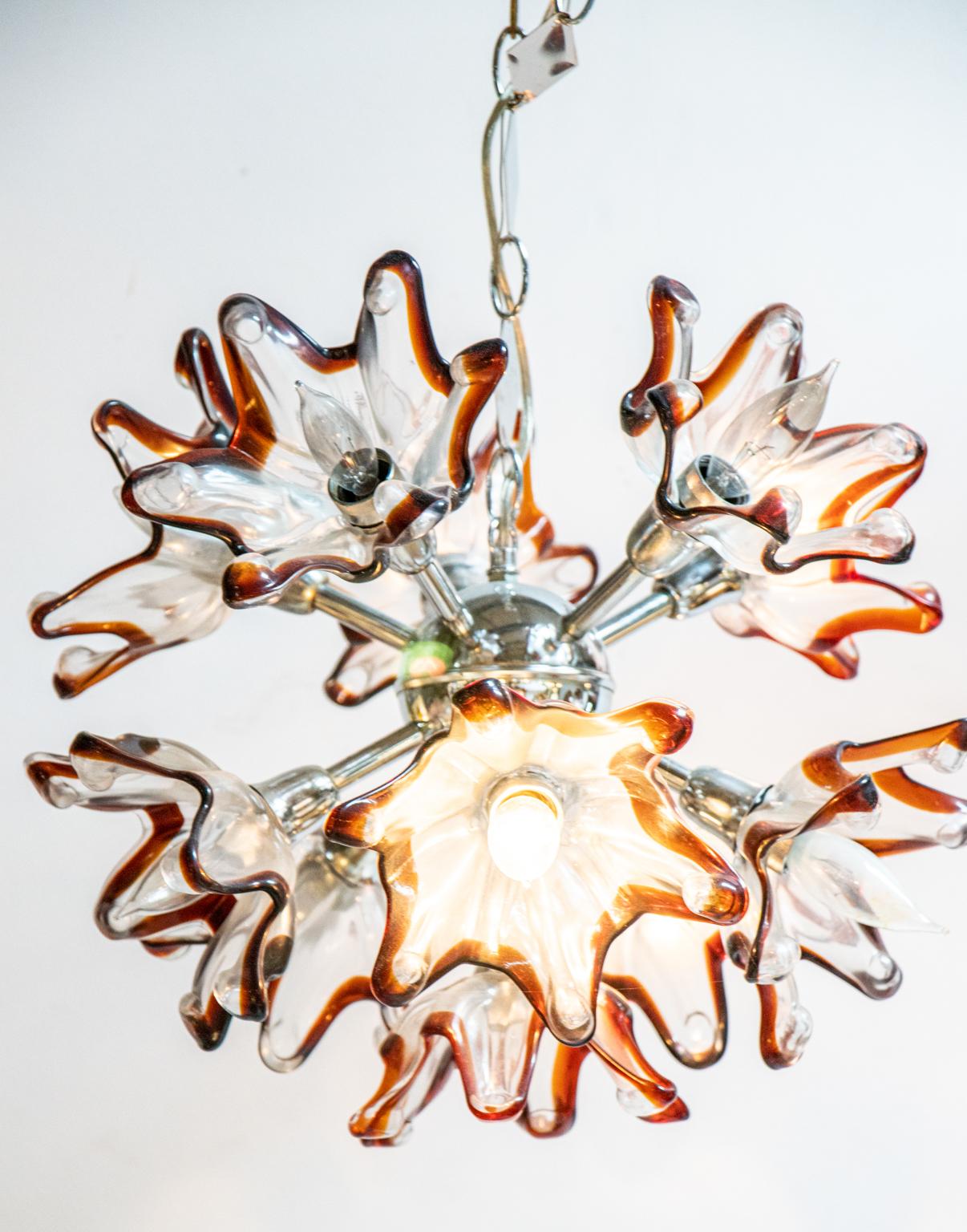 Circa 1960s Murano Chandelier with Tulip Flowers and Amber Edges In Good Condition For Sale In Stamford, CT