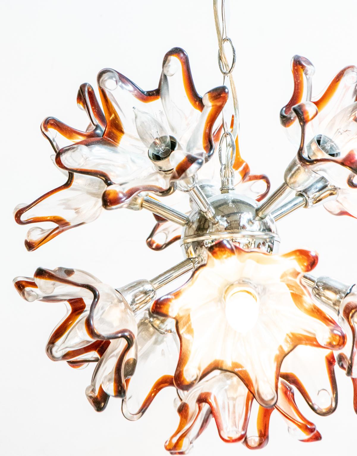 20th Century Circa 1960s Murano Chandelier with Tulip Flowers and Amber Edges For Sale