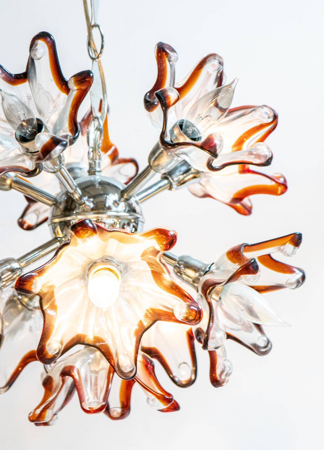 Metal Circa 1960s Murano Chandelier with Tulip Flowers and Amber Edges For Sale