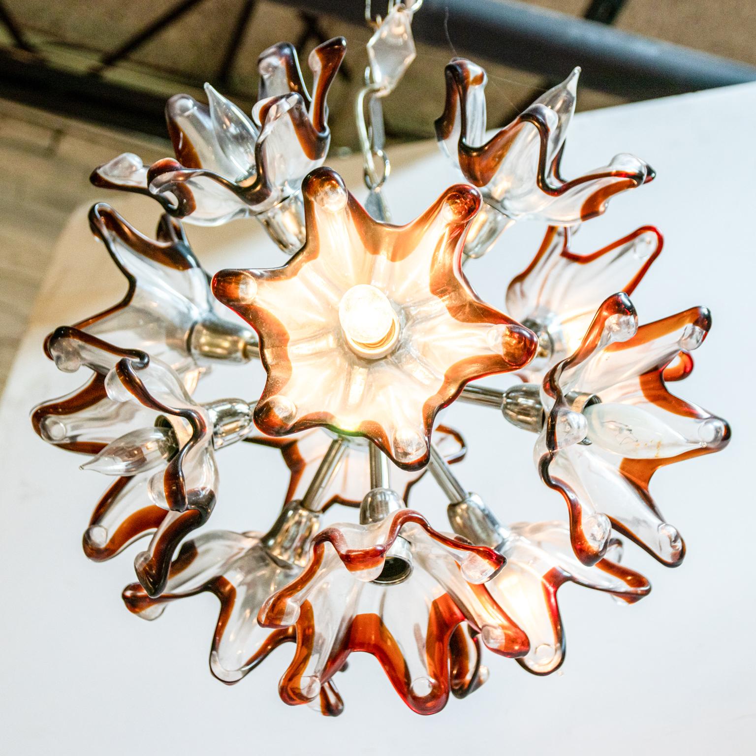 Circa 1960s Murano Chandelier with Tulip Flowers and Amber Edges For Sale 1