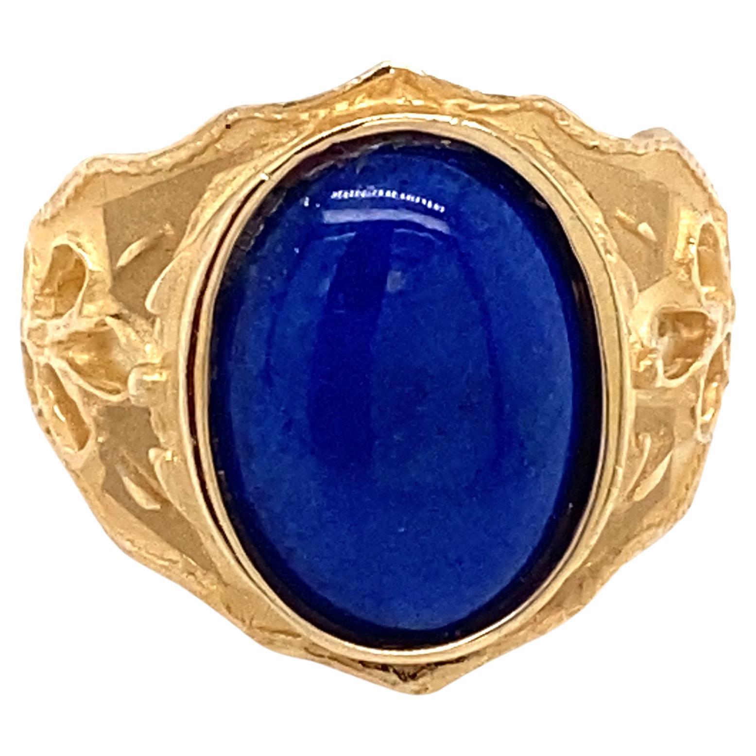 circa 1960s Oval Lapis Lazuli Ring with Carved Floral Motif in 14K Gold