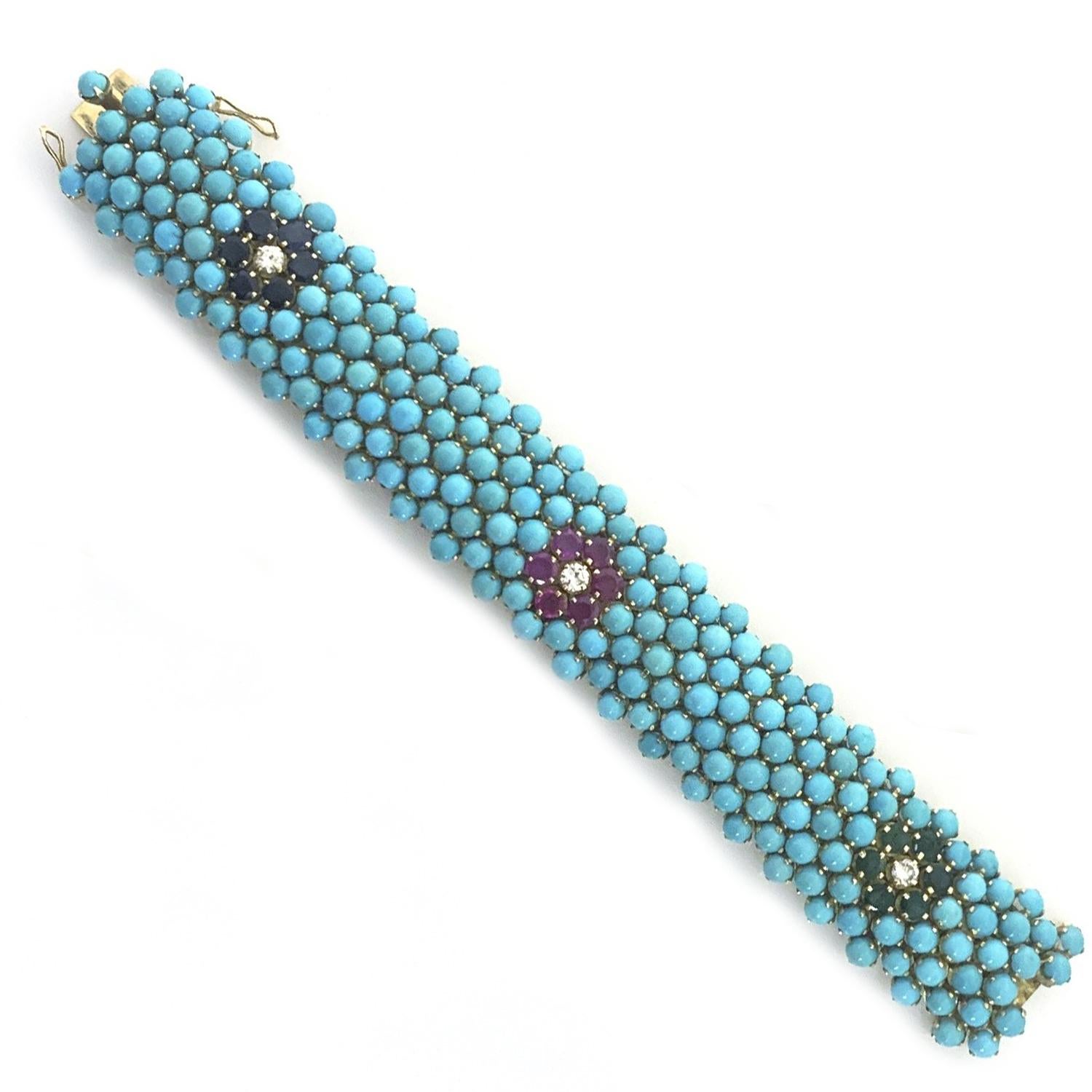 Modern Circa 1960s Persian Turquoise, Sappire, Ruby, Emerald, & Diamond Bracelet  For Sale