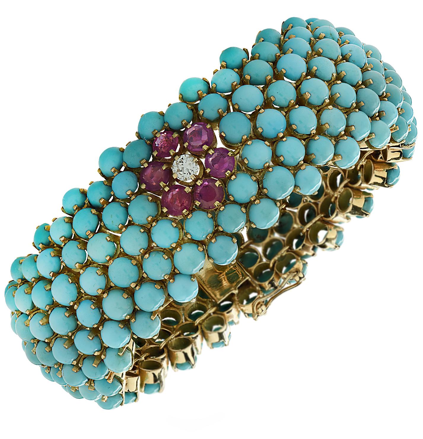 Circa 1960s Persian Turquoise, Sappire, Ruby, Emerald, & Diamond Bracelet  In Good Condition For Sale In Miami, FL