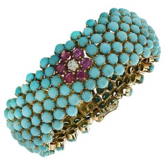 Circa 1960s Persian Turquoise, Sappire, Ruby, Emerald, & Diamond Bracelet 