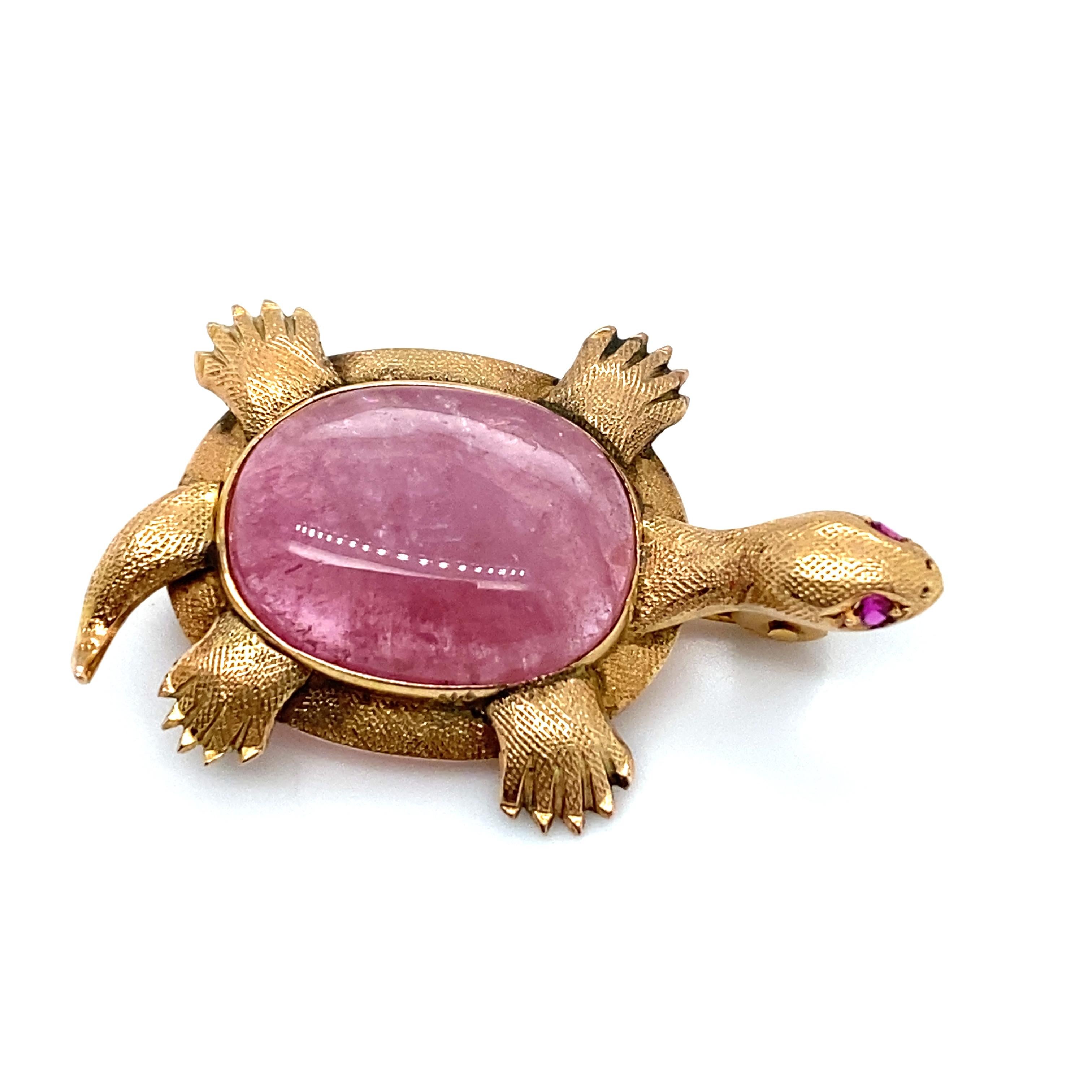 Oval Cut Circa 1960s Pink Tourmaline and Ruby Turtle Brooch in 14 Karat Gold For Sale