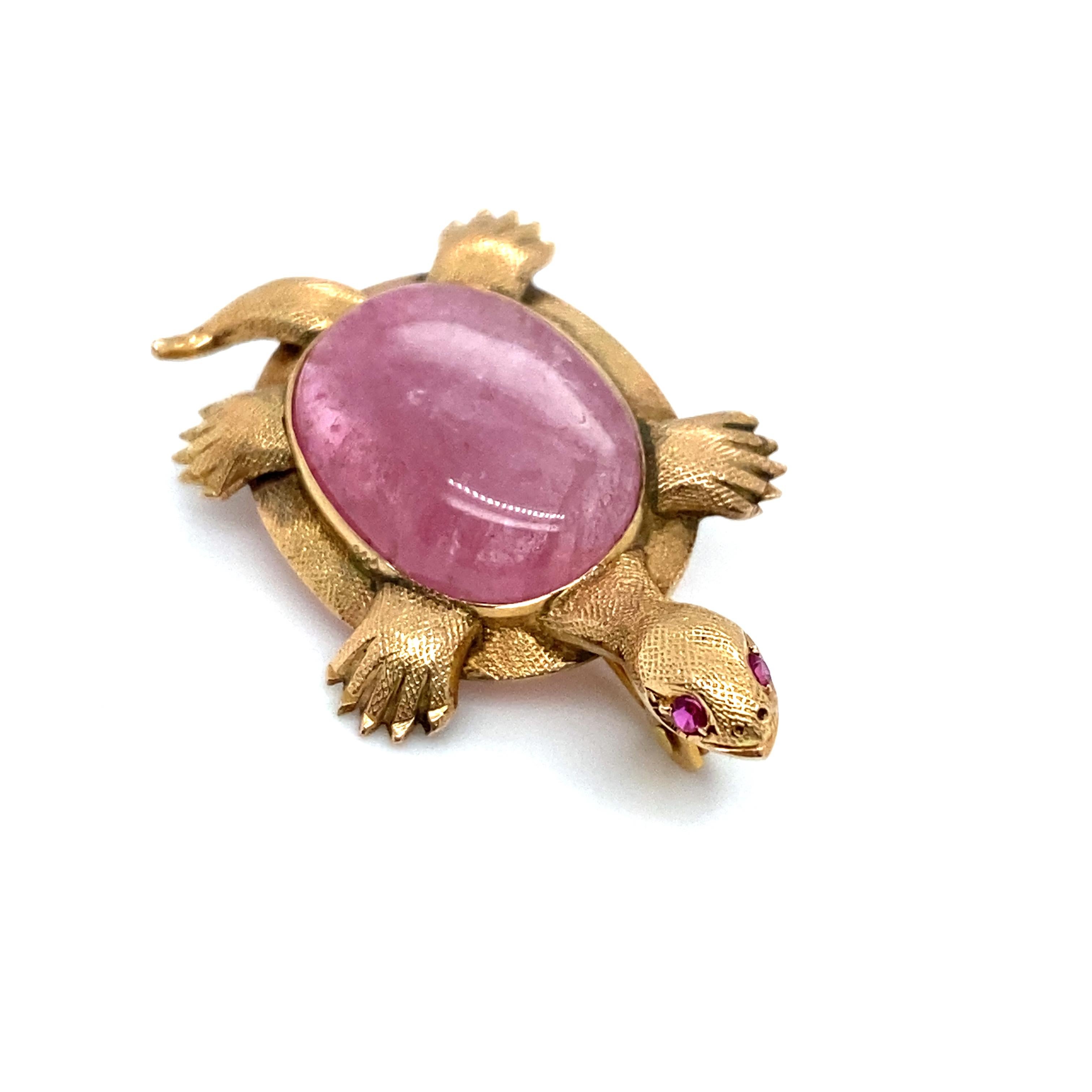 Circa 1960s Pink Tourmaline and Ruby Turtle Brooch in 14 Karat Gold In Good Condition For Sale In Atlanta, GA