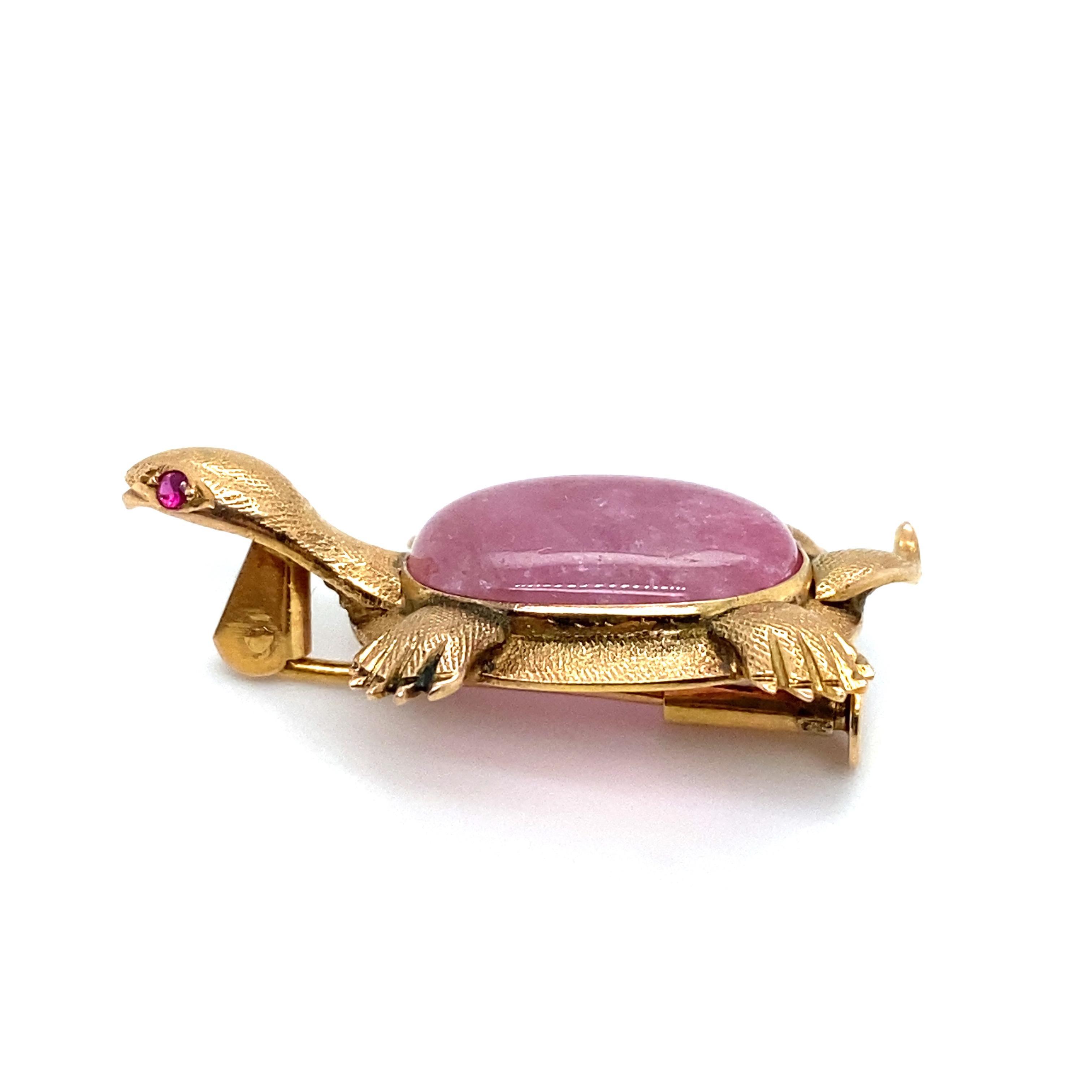 Women's or Men's Circa 1960s Pink Tourmaline and Ruby Turtle Brooch in 14 Karat Gold For Sale