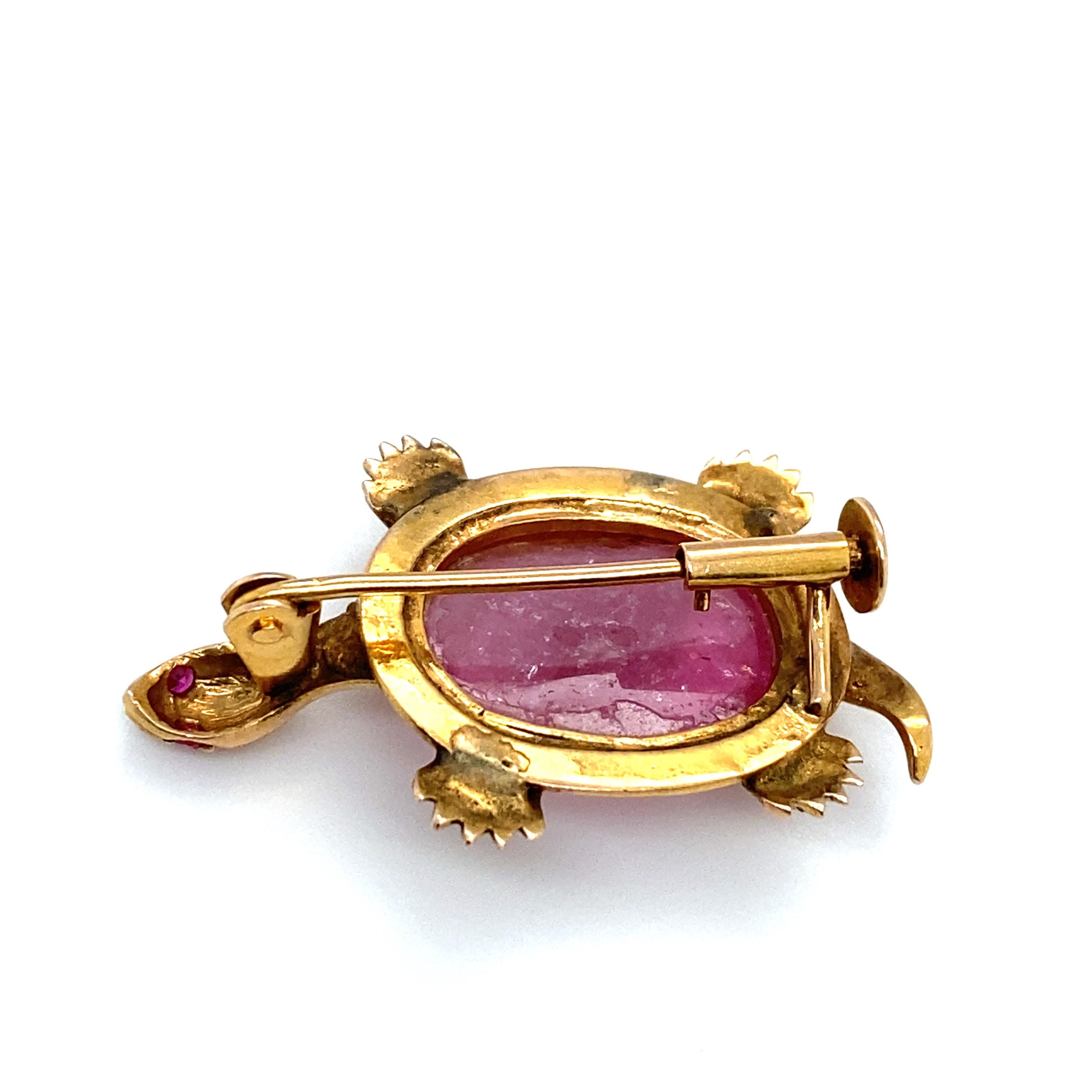 Circa 1960s Pink Tourmaline and Ruby Turtle Brooch in 14 Karat Gold For Sale 1