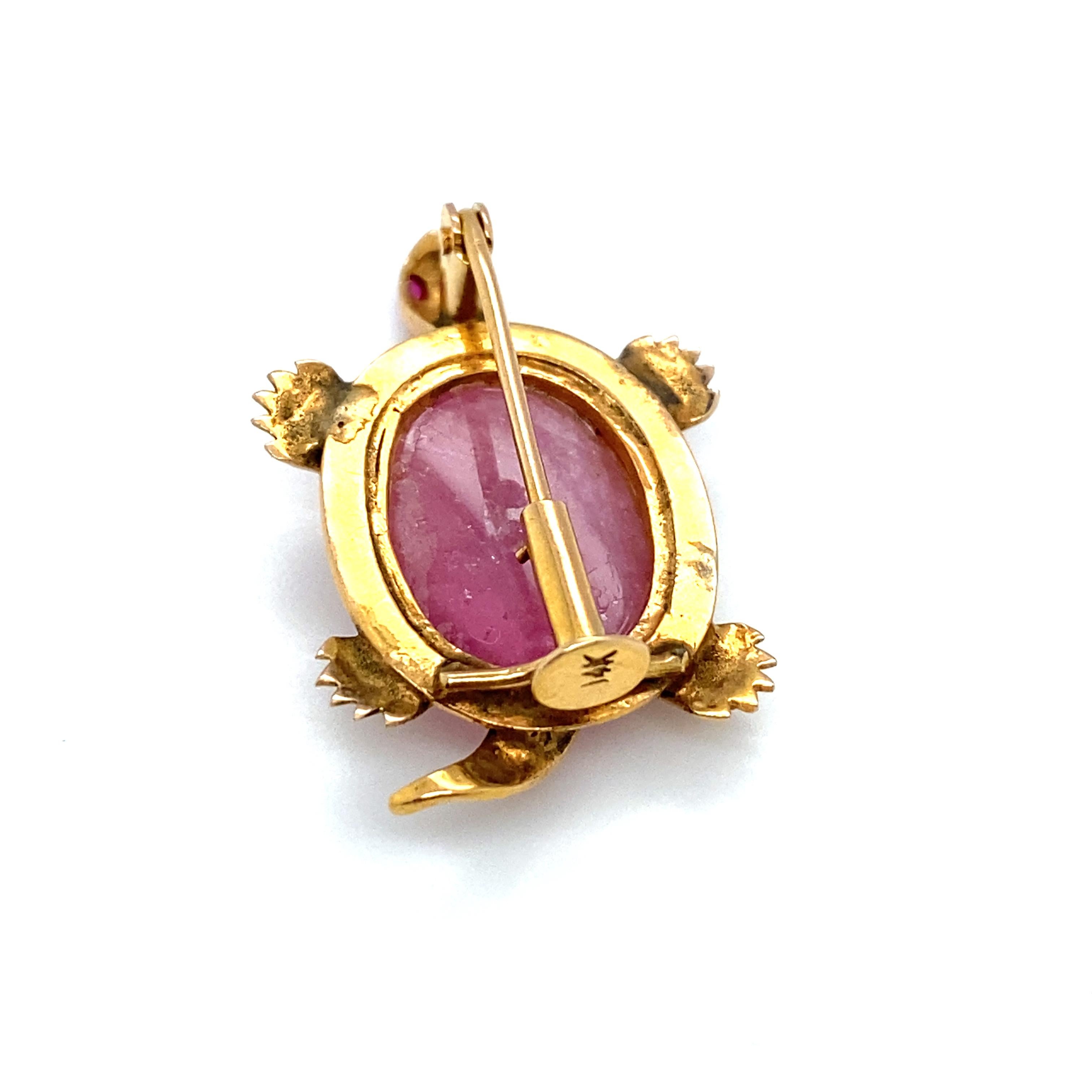 Circa 1960s Pink Tourmaline and Ruby Turtle Brooch in 14 Karat Gold For Sale 2