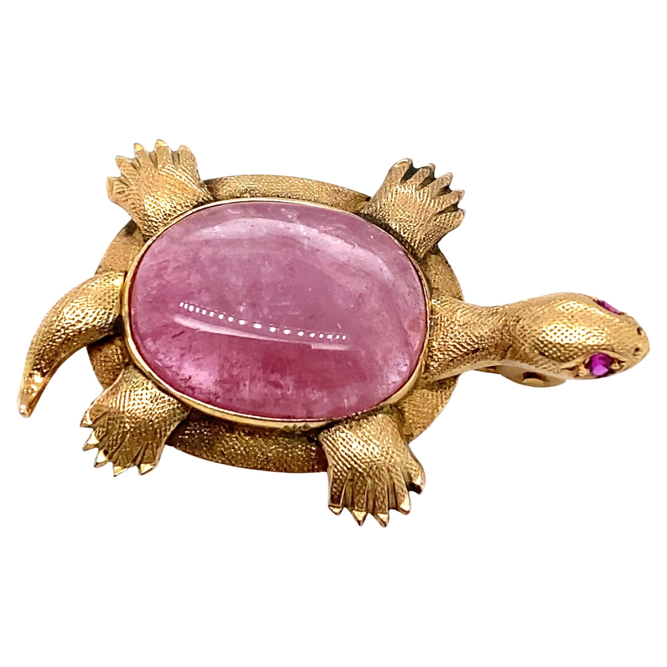 Circa 1960s Pink Tourmaline and Ruby Turtle Brooch in 14 Karat Gold For Sale