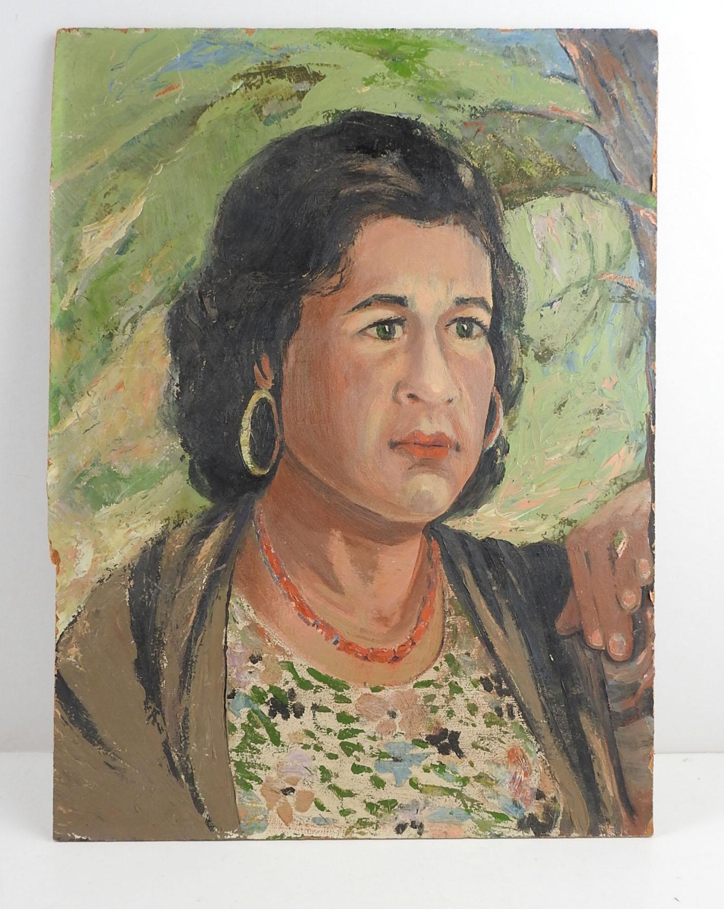 Vintage oil on masonite portrait painting of woman in green and pink floral dress, circa 1960's. Unsigned. Unframed, edge wear.
