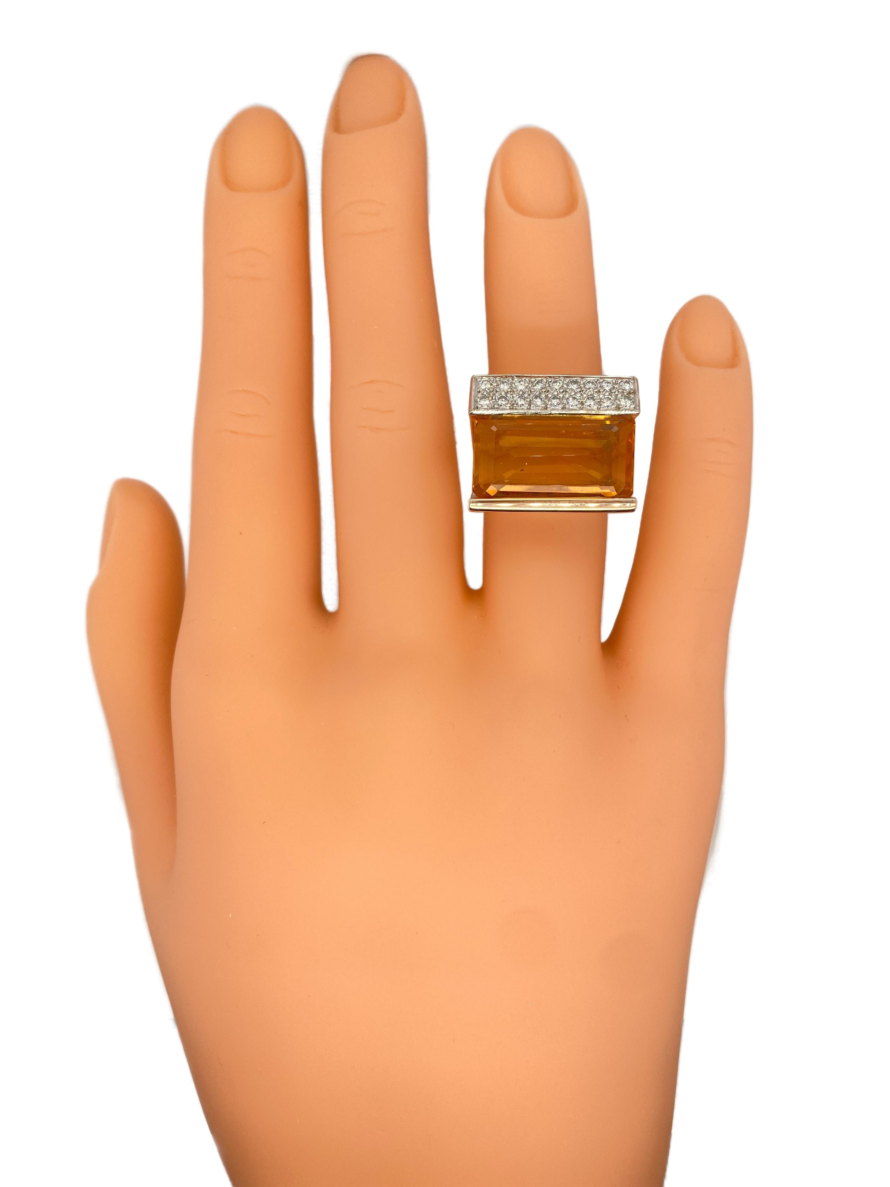Circa 1960s Retro 8.7 Carat Citrine and Diamond Bar Ring in 14K Gold In Good Condition For Sale In Addison, TX