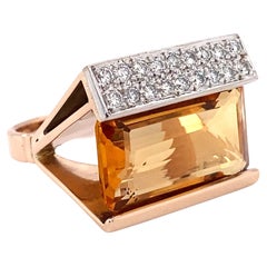 Anello retrò da 8,7 carati con citrino e diamante in oro 14K, anni '60 circa