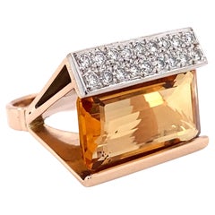 Bague rétro en or 14 carats avec diamants et citrine de 8,7 carats, c. 1960