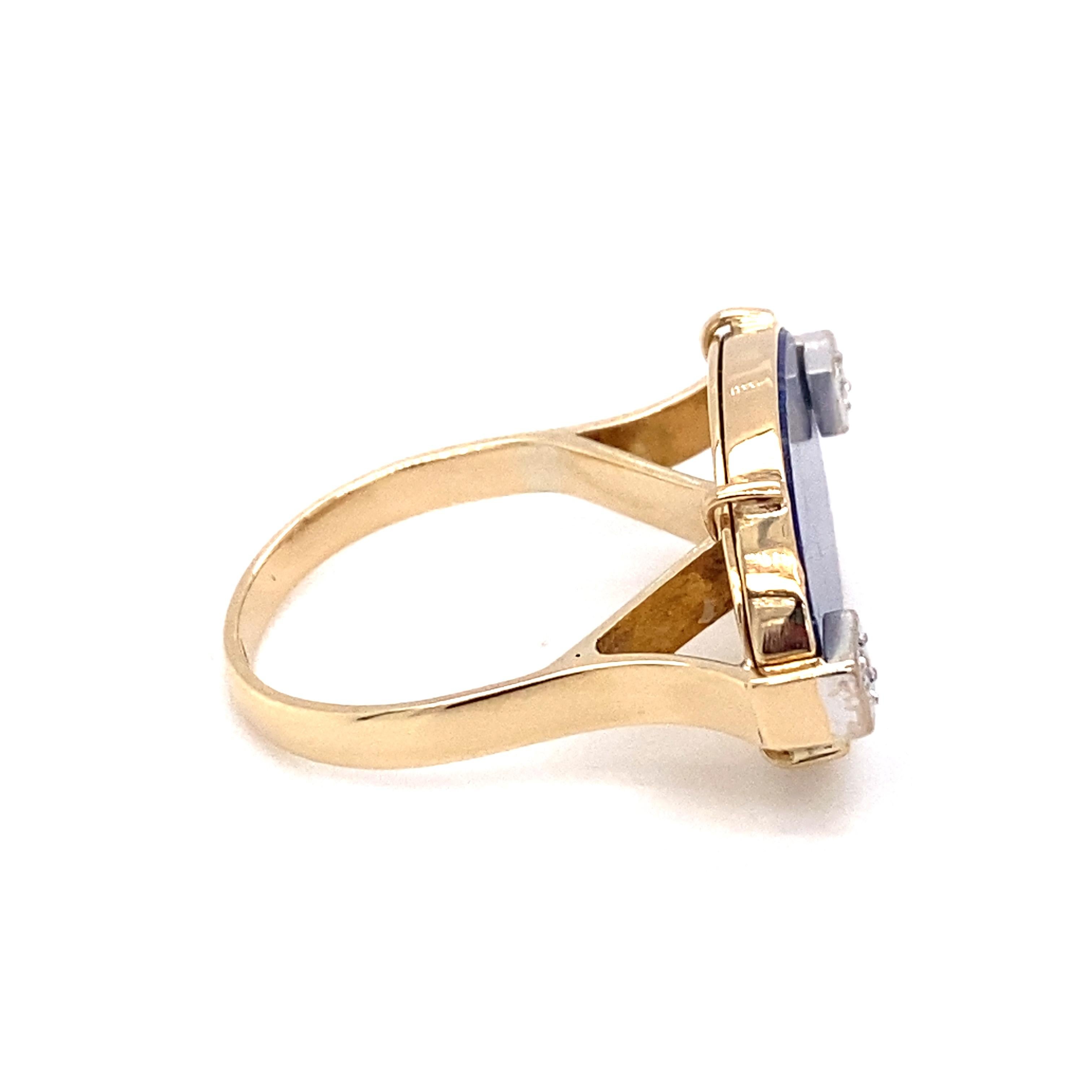 Anello retrò est-ovest degli anni '60 circa con lapislazzuli ovali e diamanti in oro 14 carati In condizioni buone in vendita a Addison, TX