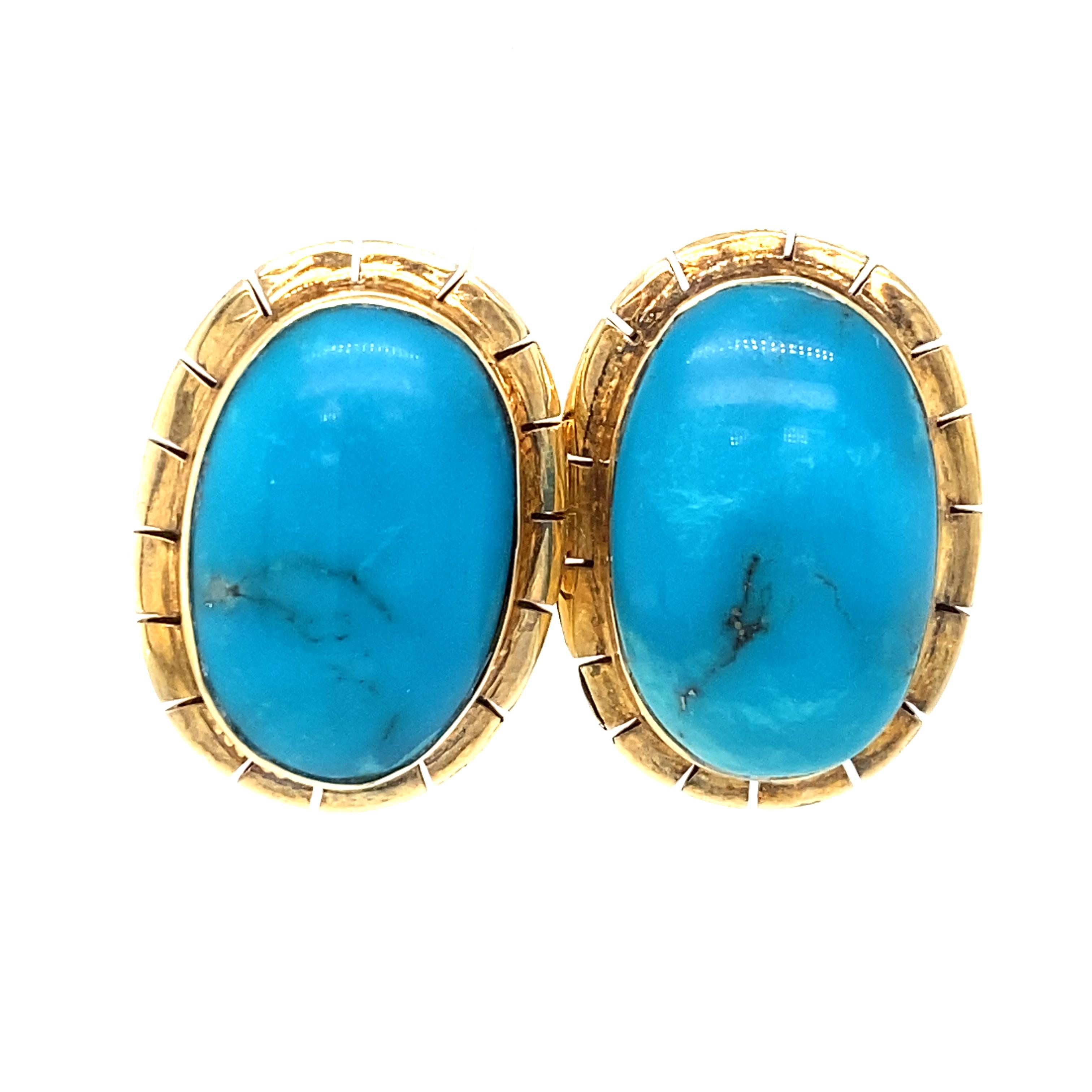 Item Details: These earrings feature vibrant blue turquoise cabochons and a geometric bezel setting. These are a great example of vintage mid-century jewelry and are perfect for a versatile wardrobe.

Circa: 1960s
Metal Type: 14 Karat Yellow