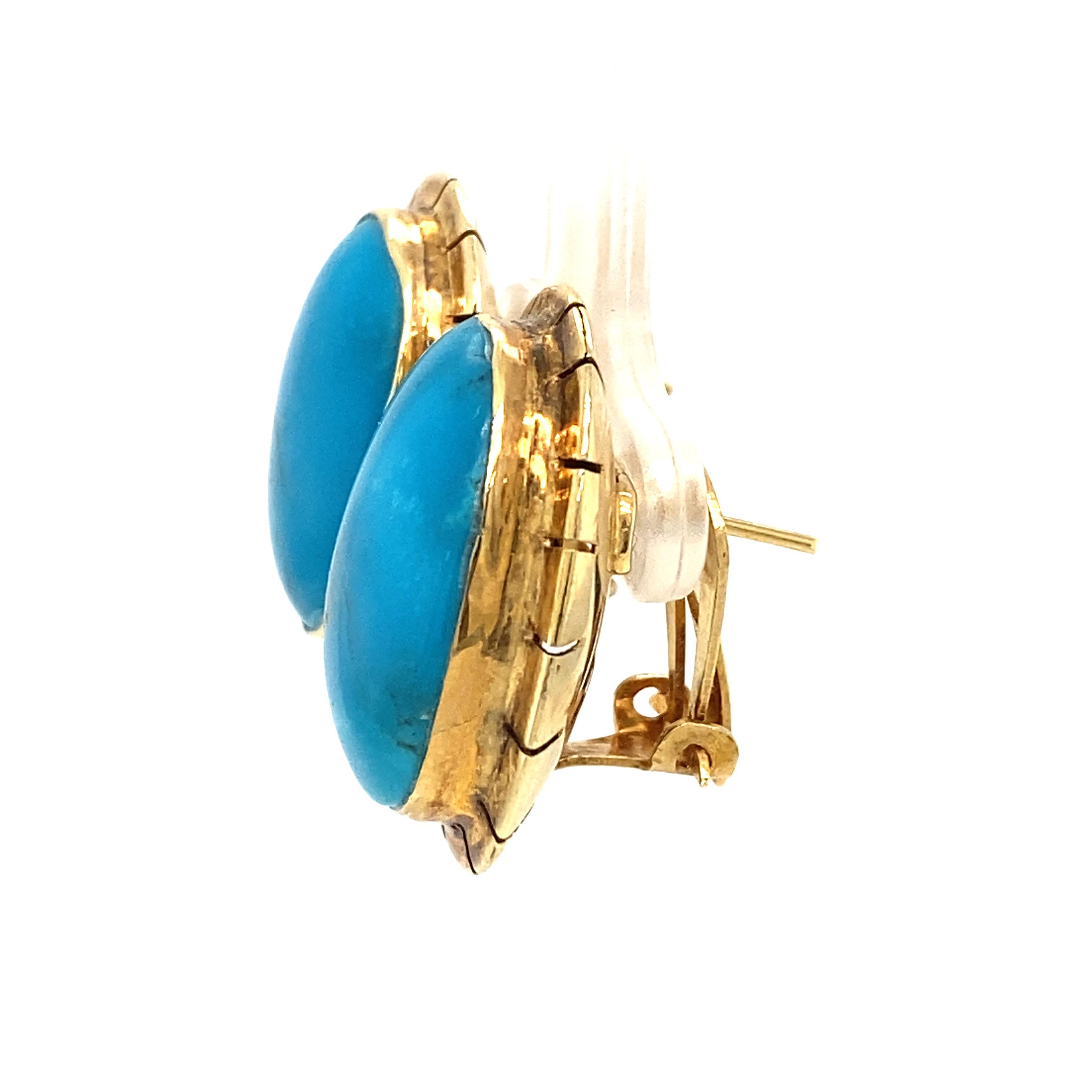 Women's Retro Oval Turquoise Earrings in 14 Karat Yellow Gold, circa 1960s For Sale