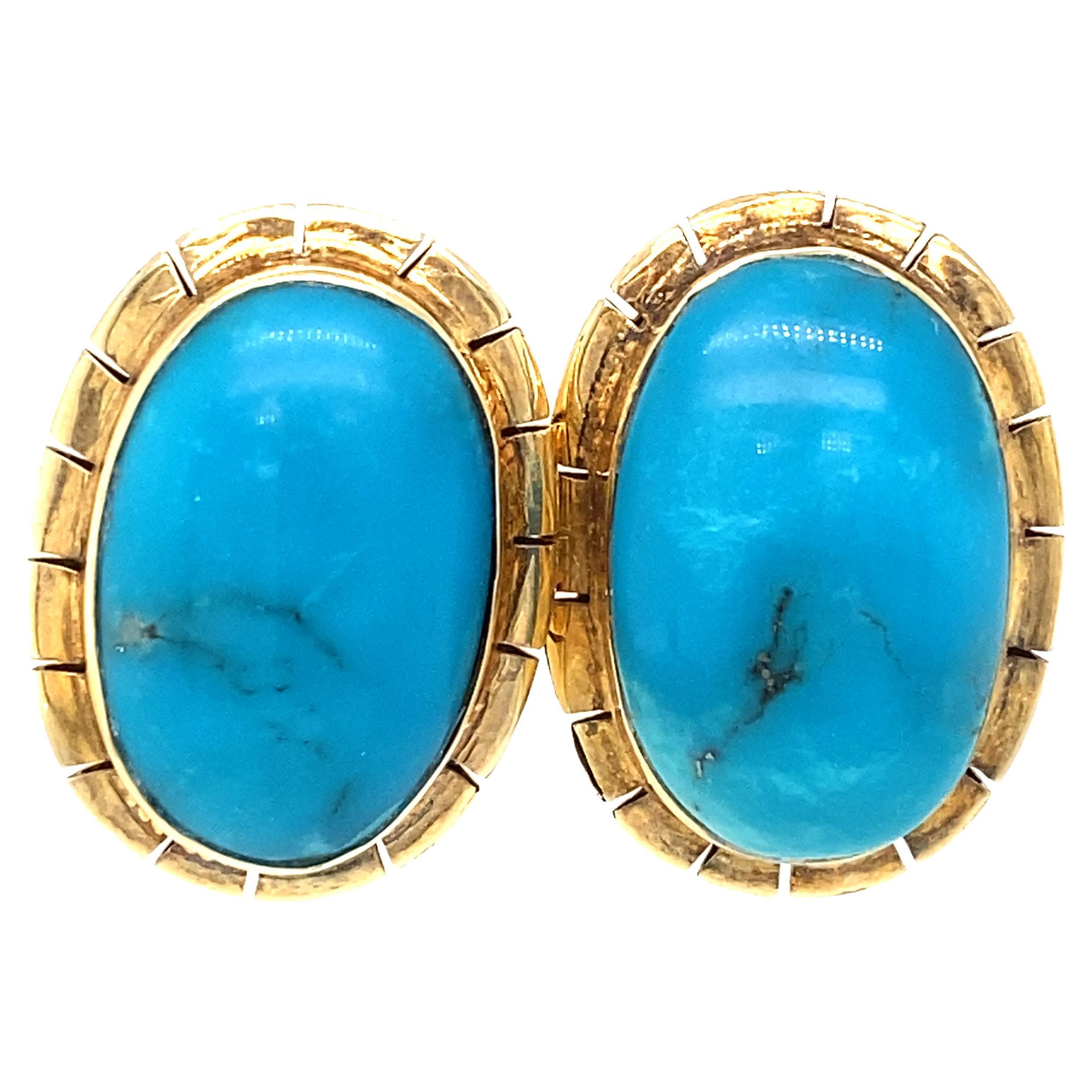 Retro Oval Turquoise Earrings in 14 Karat Yellow Gold, circa 1960s