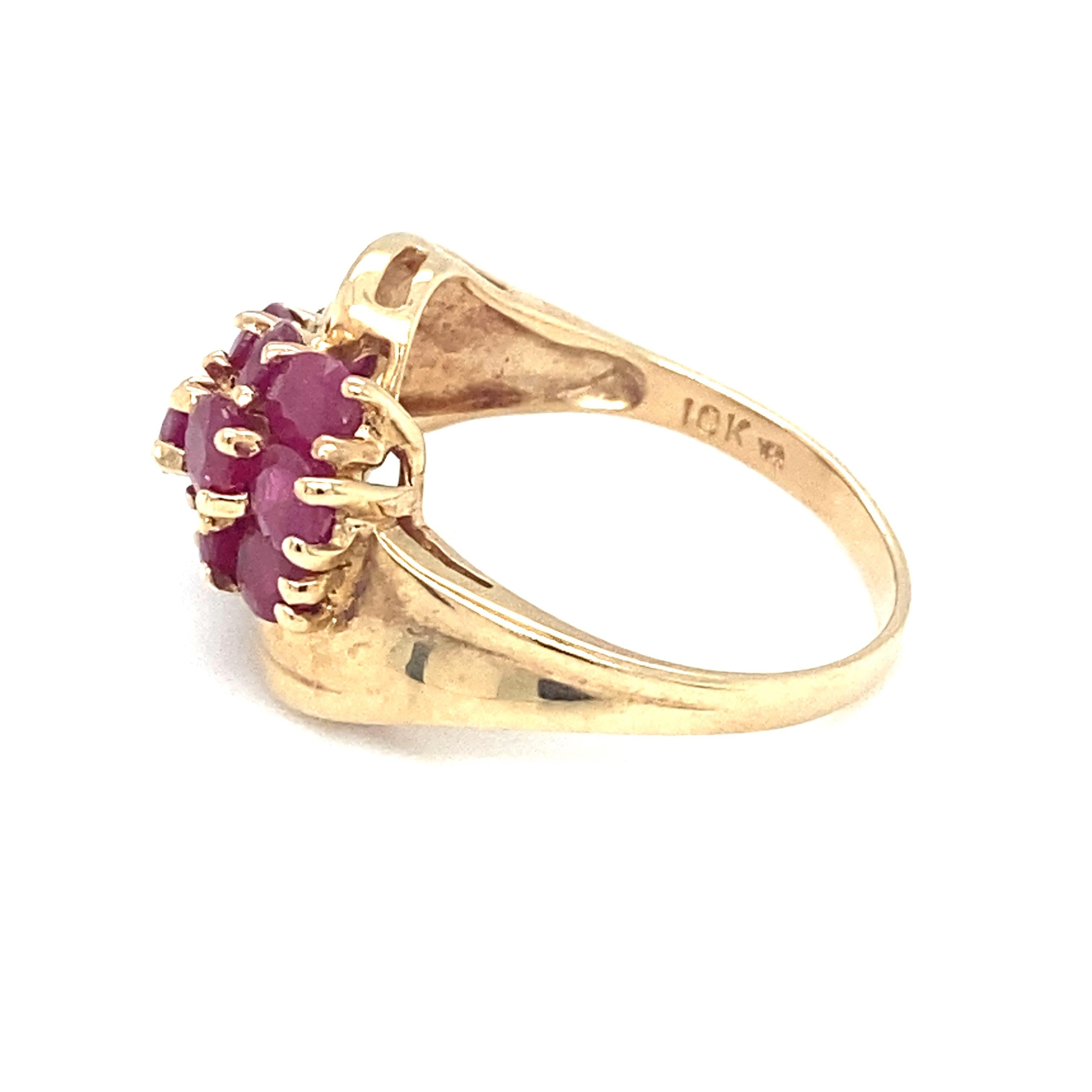 Retro Circa 1960s Three Row Ruby Cocktail Ring in 10 Karat Gold For Sale