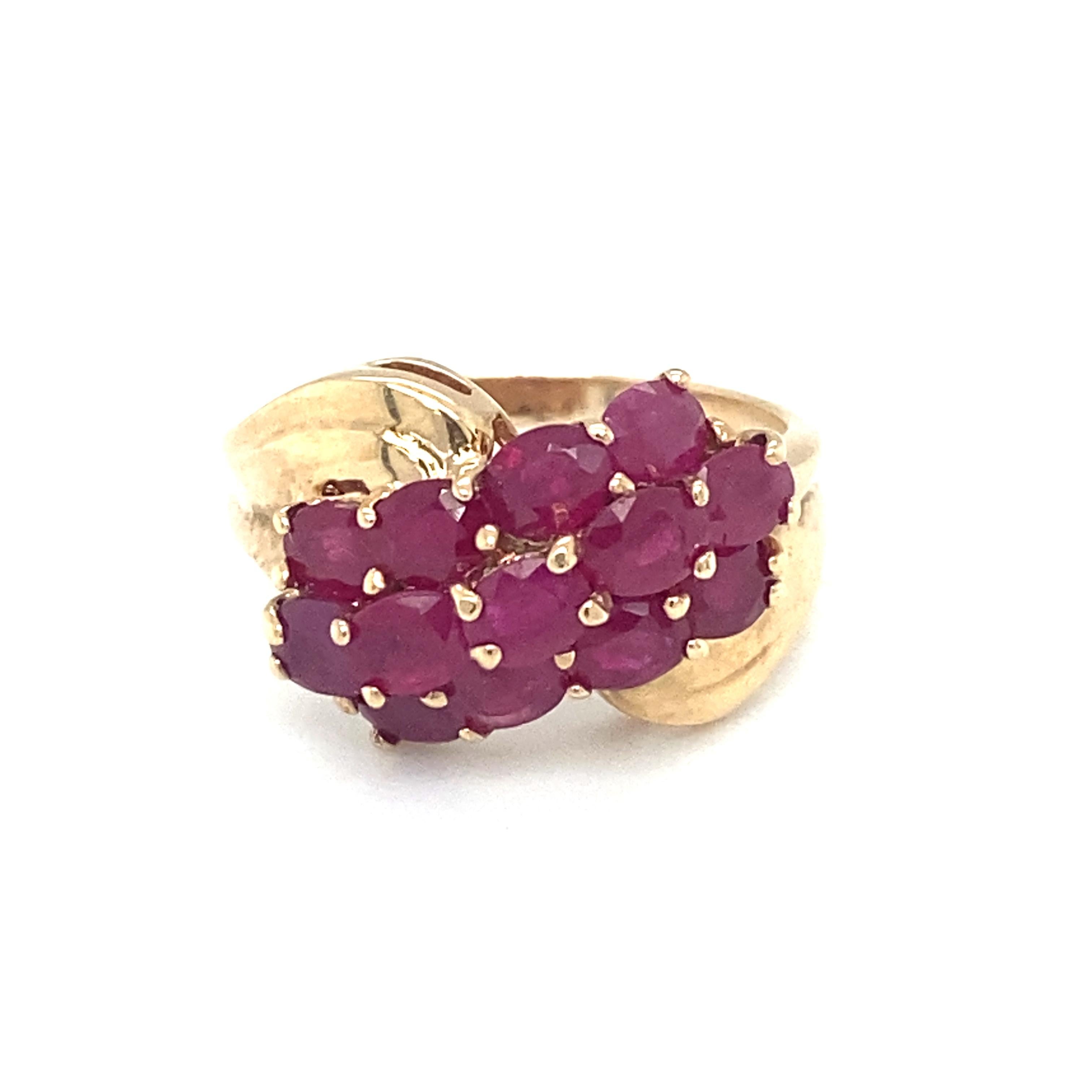 Round Cut Circa 1960s Three Row Ruby Cocktail Ring in 10 Karat Gold For Sale