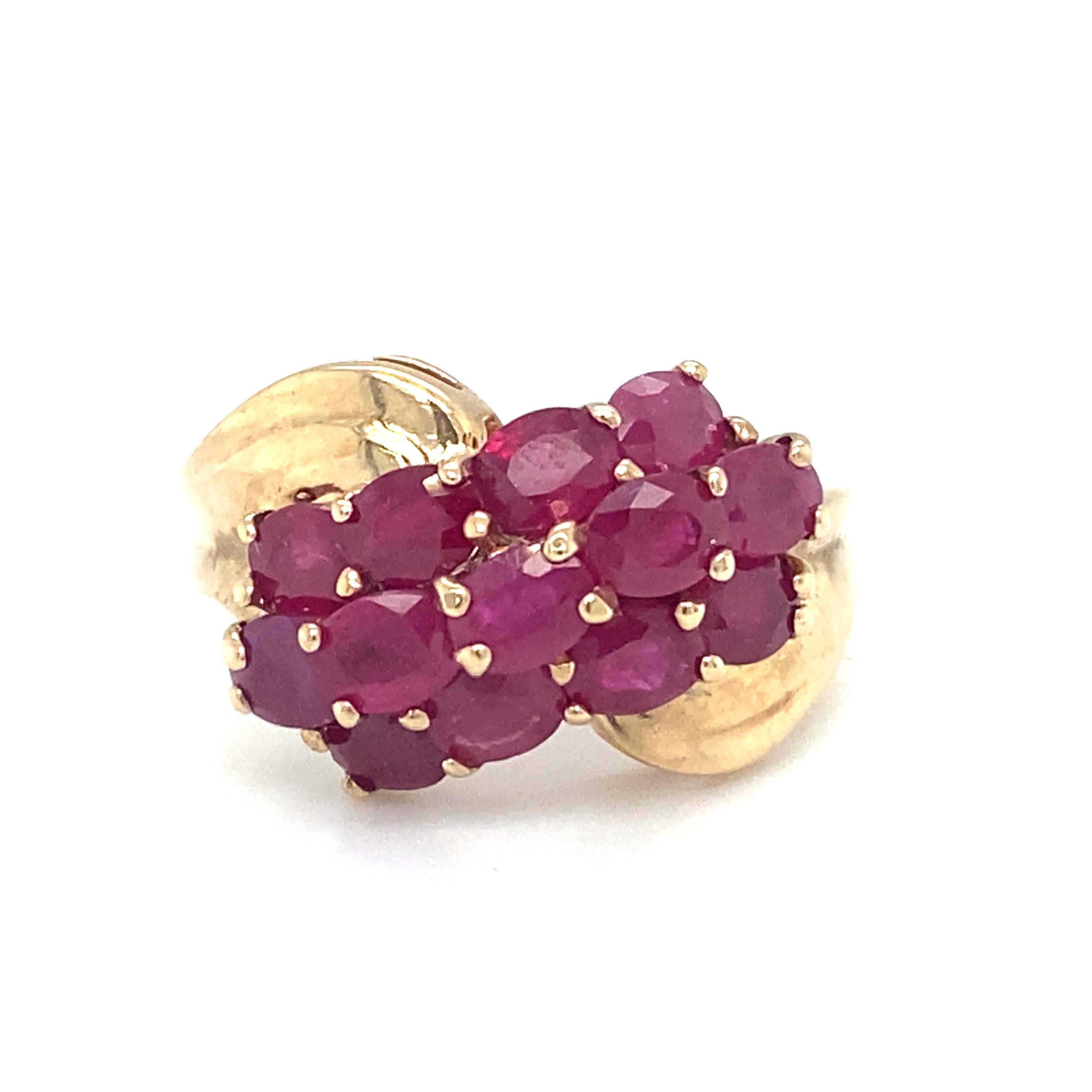 Circa 1960s Three Row Ruby Cocktail Ring in 10 Karat Gold In Excellent Condition For Sale In Atlanta, GA