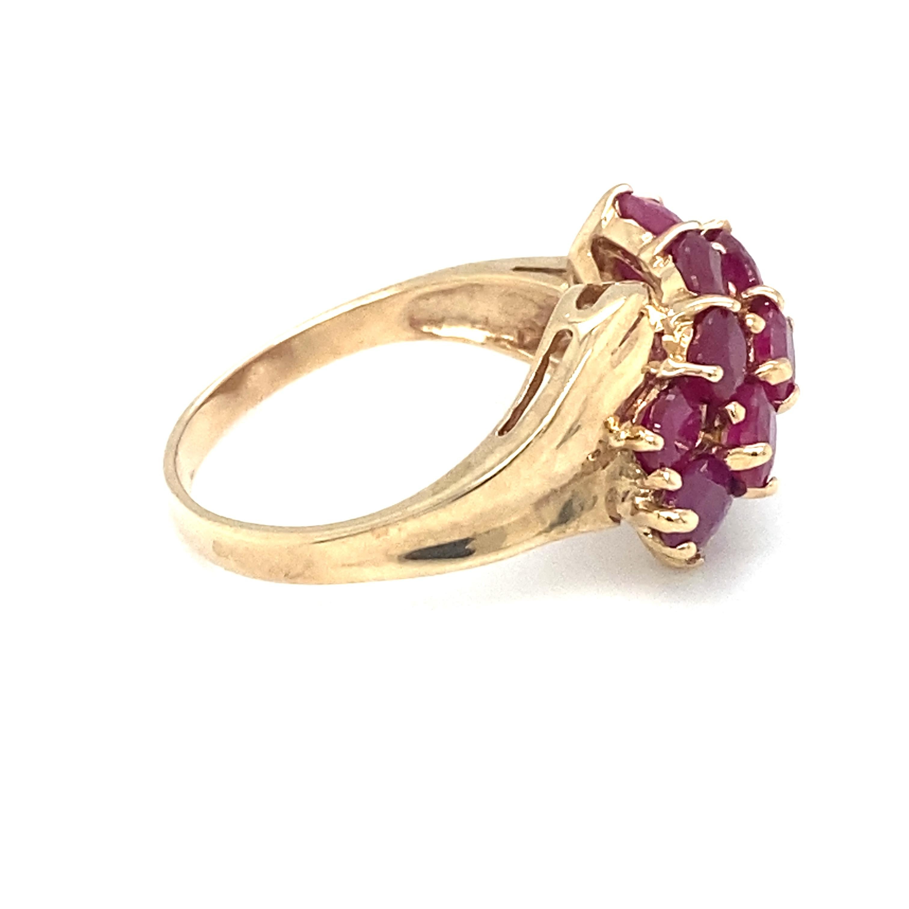 Women's or Men's Circa 1960s Three Row Ruby Cocktail Ring in 10 Karat Gold For Sale