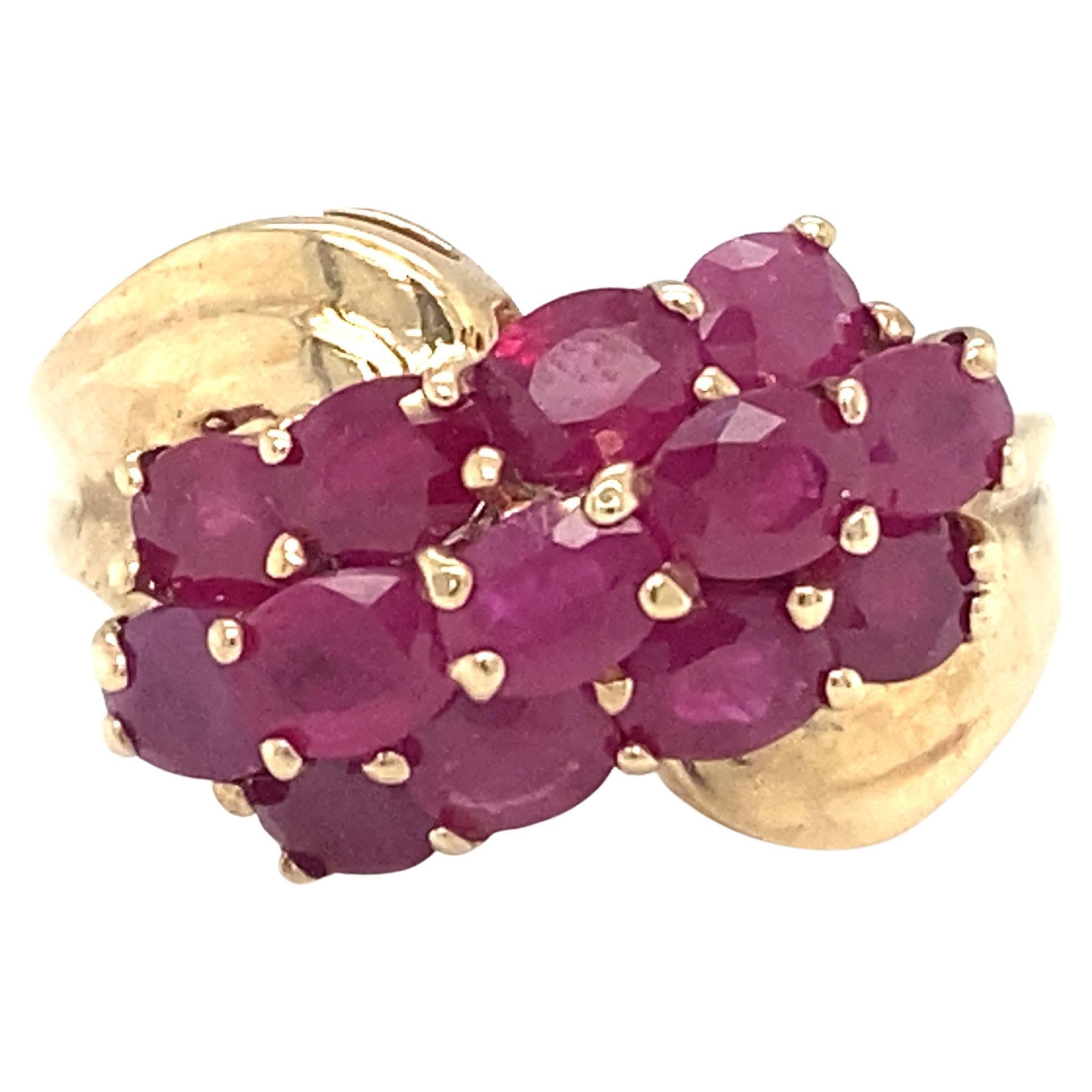 Circa 1960s Three Row Ruby Cocktail Ring in 10 Karat Gold For Sale
