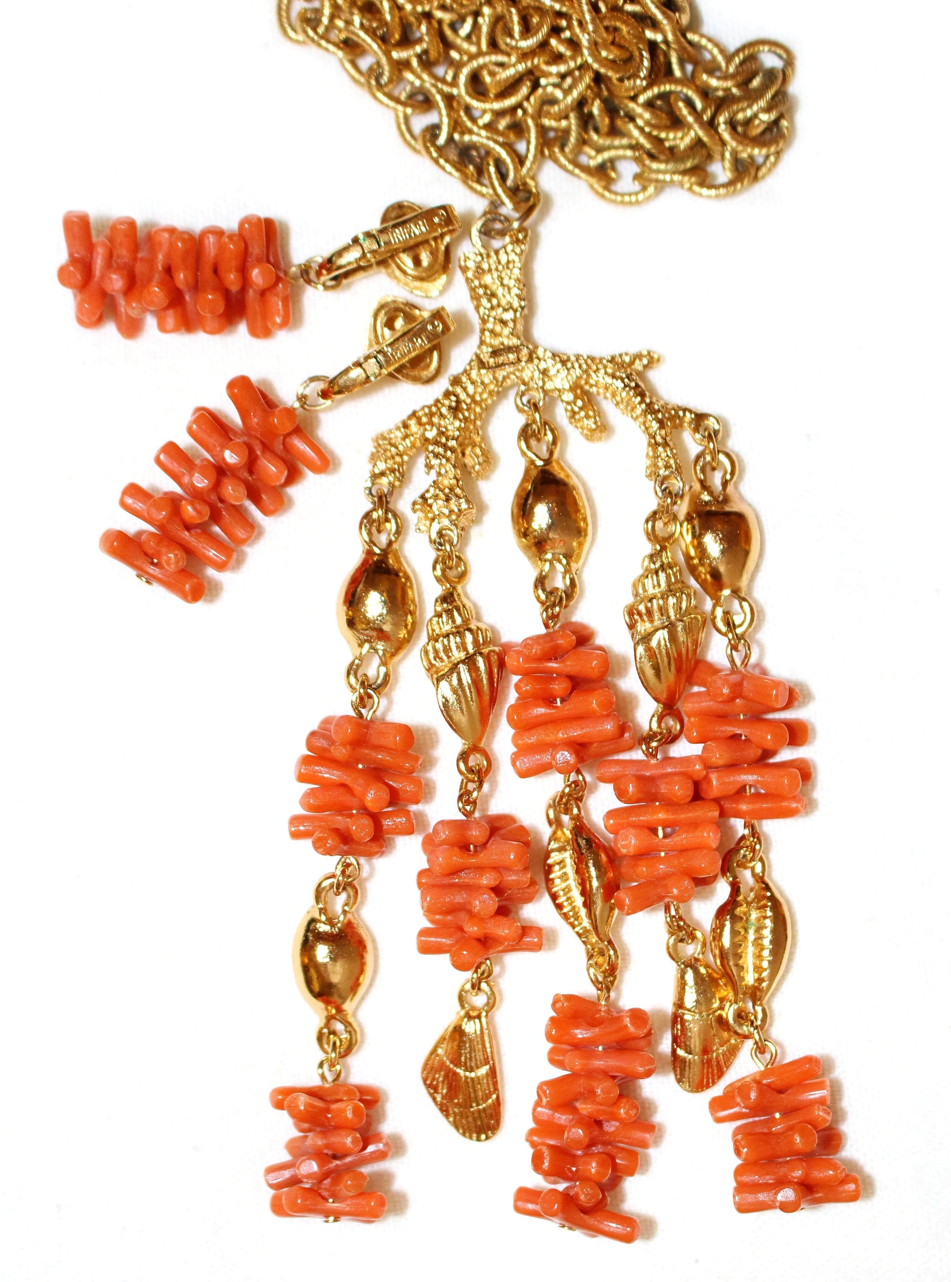 Circa 1960s Trifari Faux-Coral Necklace and Earrings Set In Good Condition For Sale In Long Beach, CA