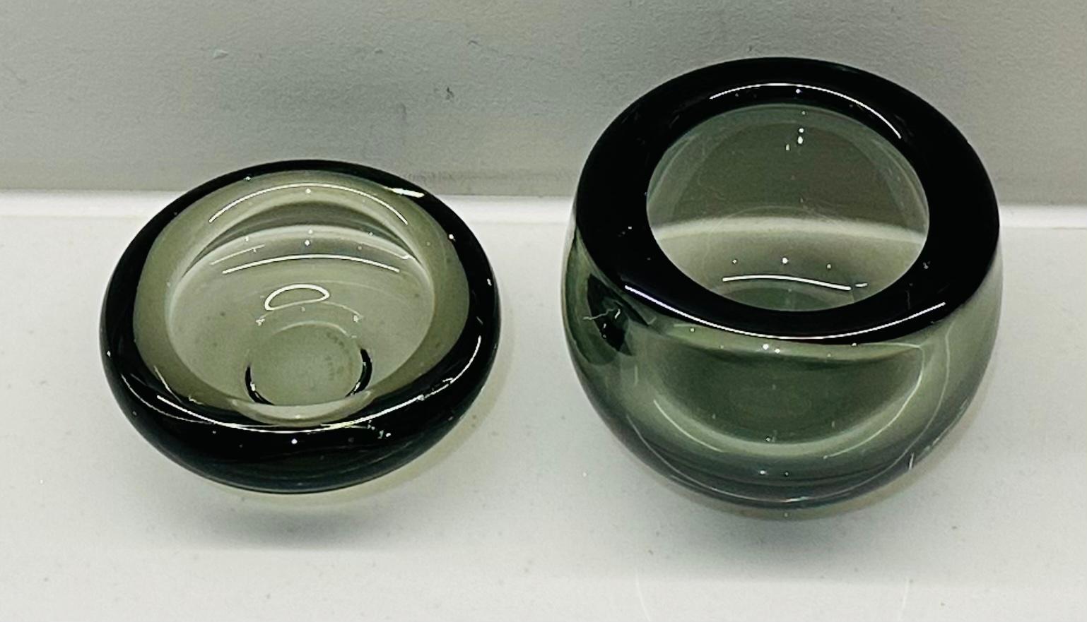 Blown Glass Circa 1960s Two Holmegaard Per Lütken Smoked Green Glass Bowls No 15739 100002 For Sale