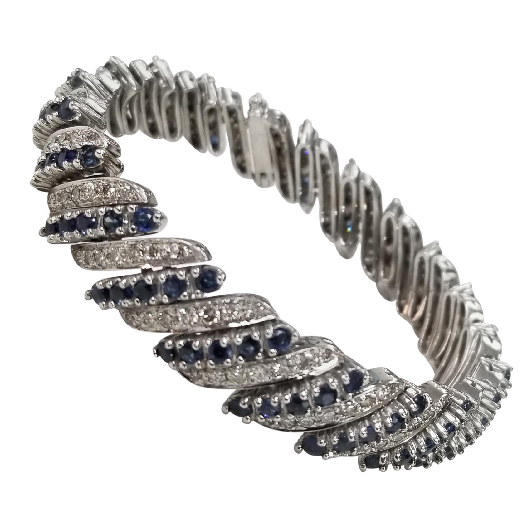 Circa 1960s Vintage 14 Karat White Gold Diamond and Sapphire Flexible Bracelet For Sale