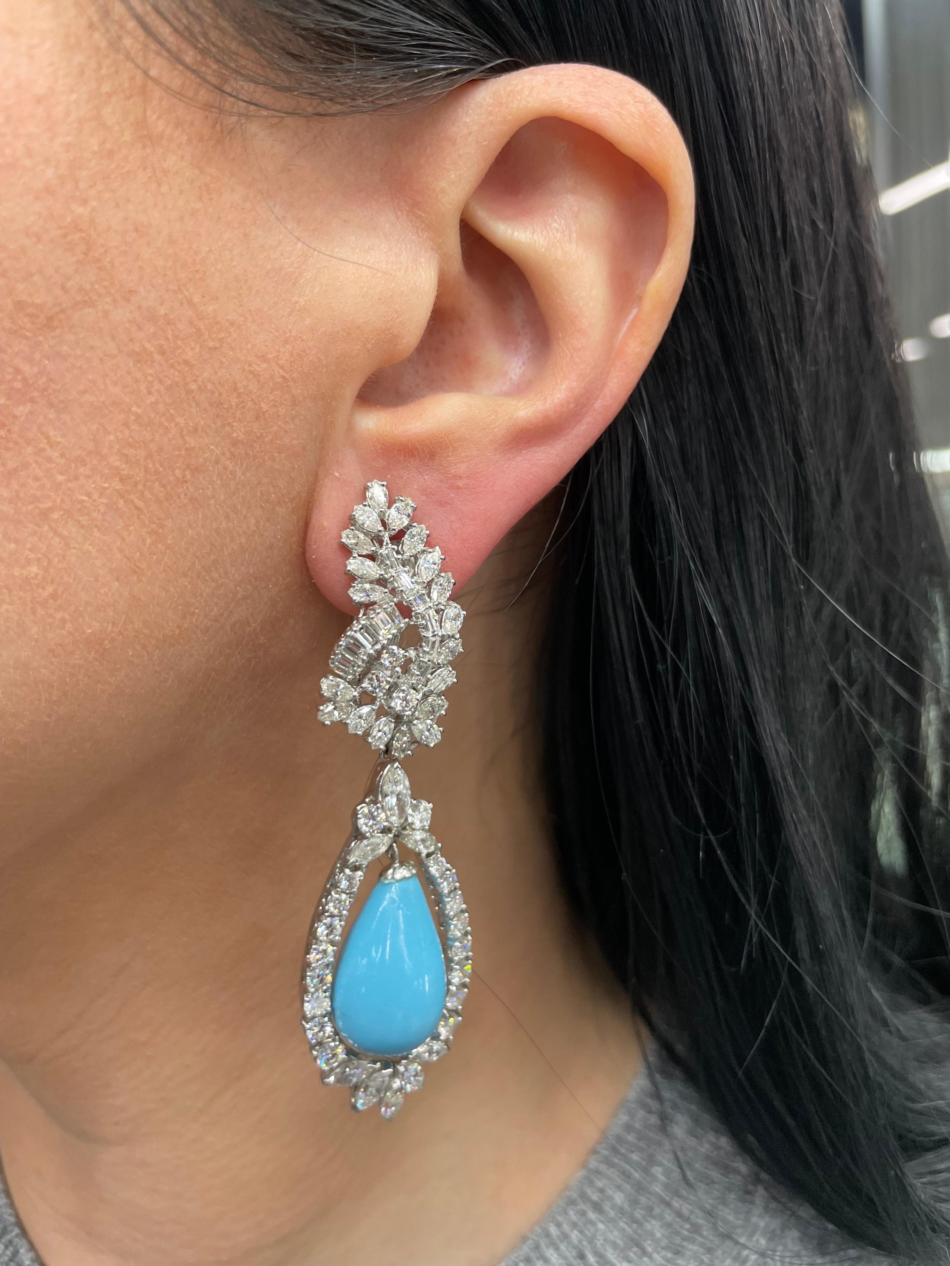 Contemporary Circa 1960s Vintage Diamond Turquoise Drop Earring 9.85 Carats Platinum For Sale