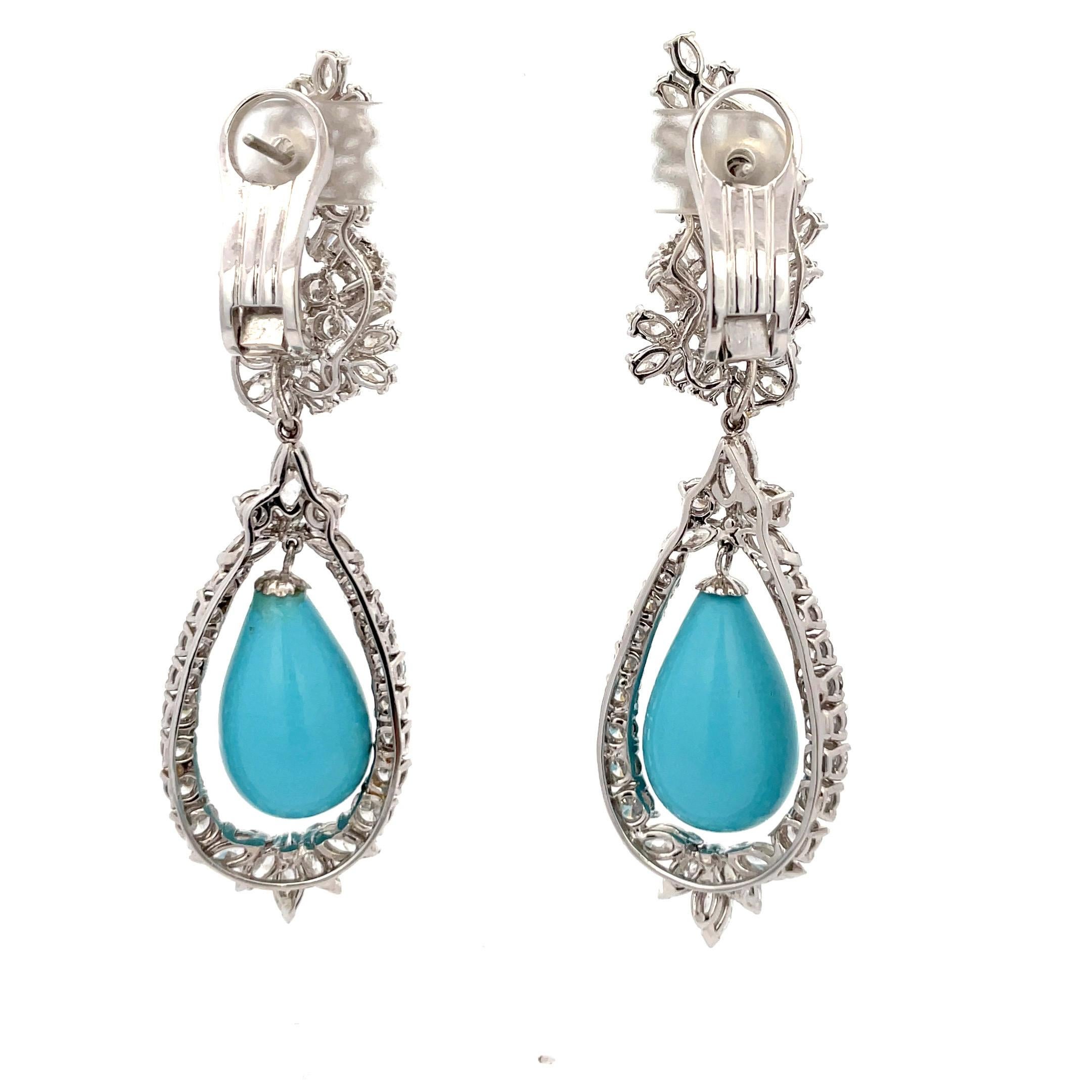 Women's Circa 1960s Vintage Diamond Turquoise Drop Earring 9.85 Carats Platinum For Sale