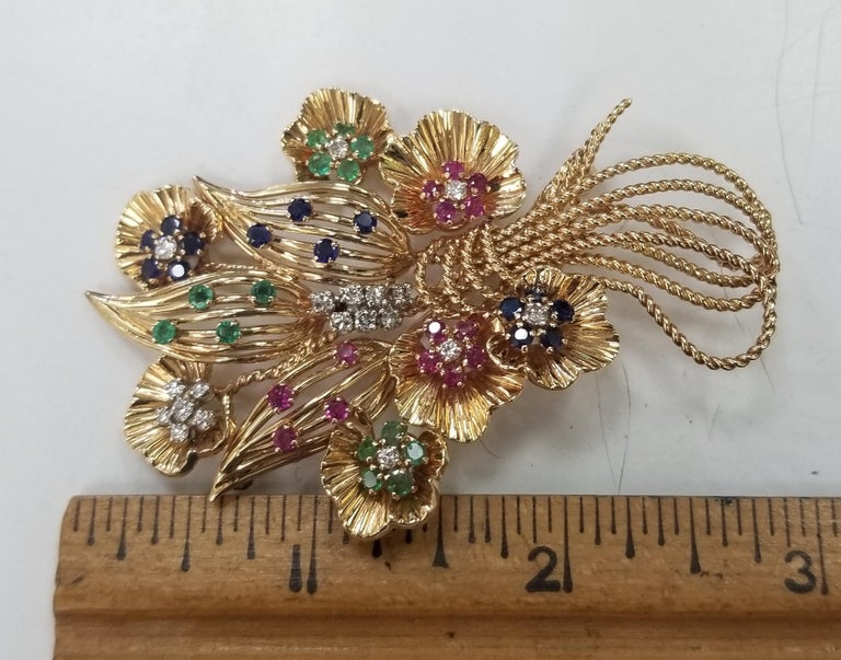 Round Cut circa 1960's Vintage Handmade 14k Floral Brooch with Diamonds and Gemstones For Sale