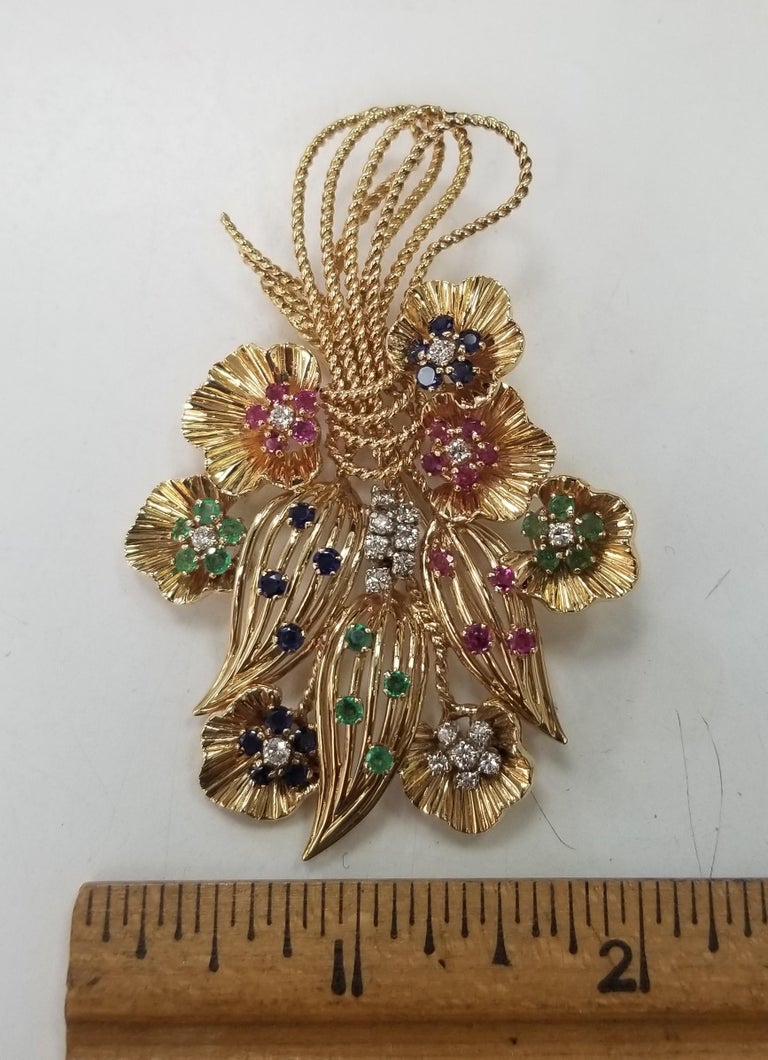 circa 1960's Vintage Handmade 14k Floral Brooch with Diamonds and Gemstones In Excellent Condition For Sale In Los Angeles, CA