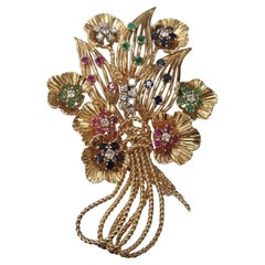 circa 1960's Vintage Handmade 14k Floral Brooch with Diamonds and Gemstones