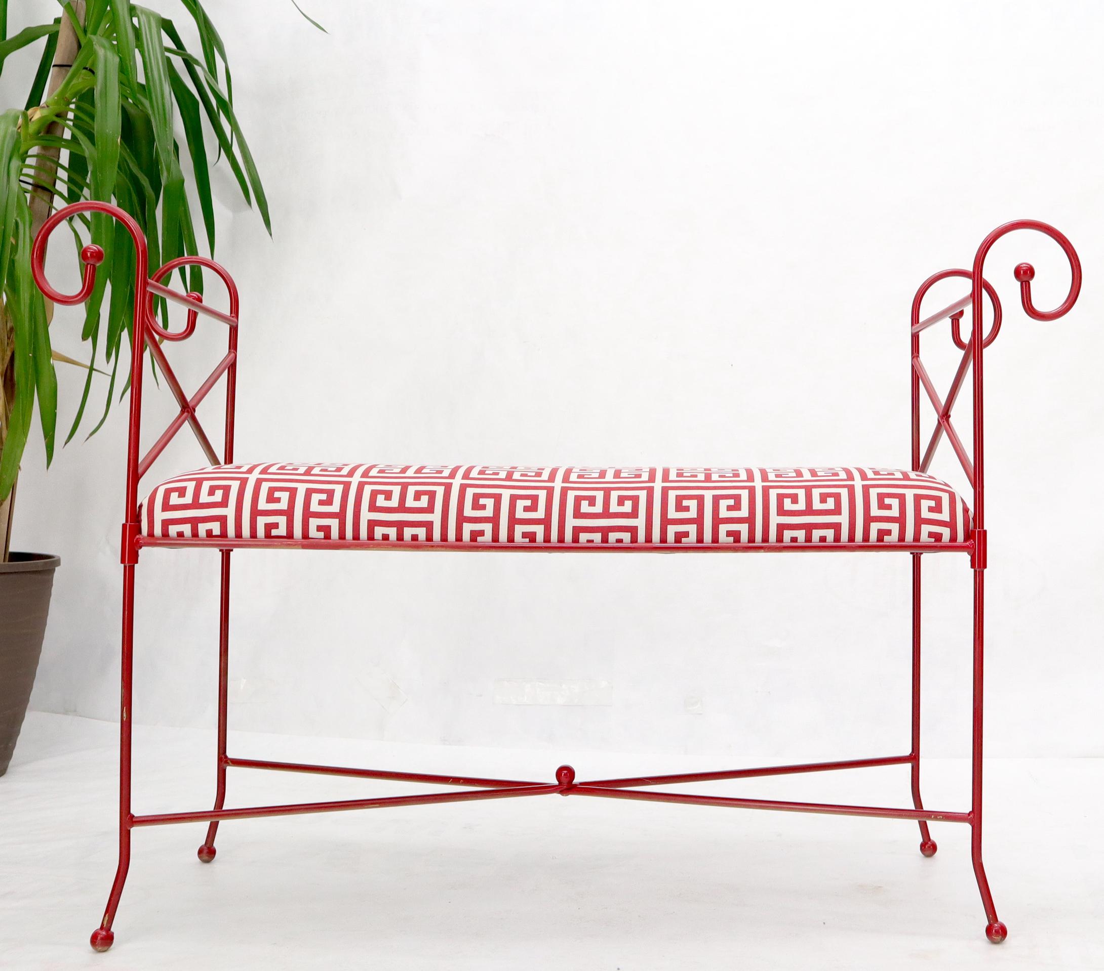 Circa 1960s Wrought Iron Window Bench Fully Restored New Red Lacquer Upholstery For Sale 1