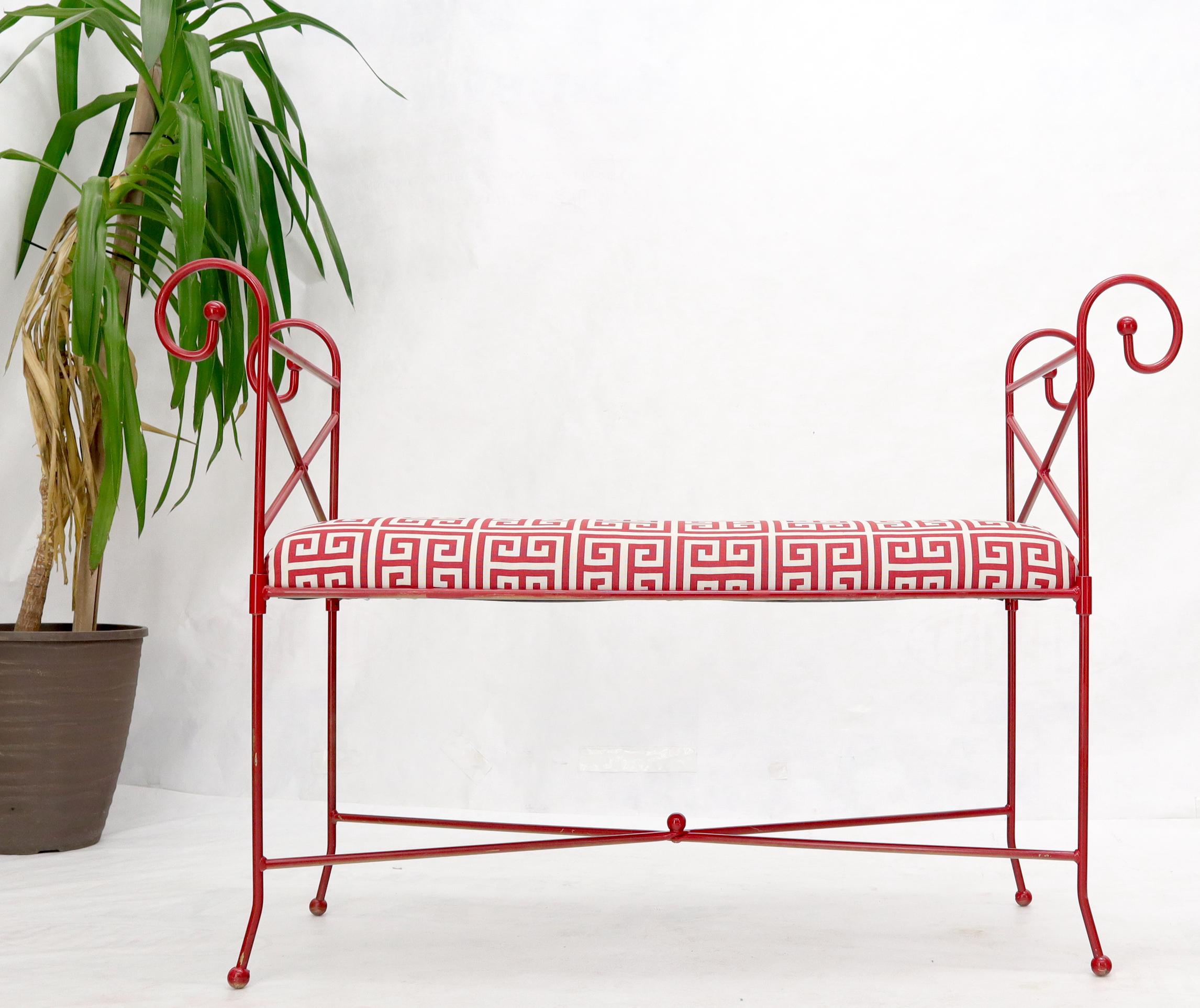 Circa 1960s Wrought Iron Window Bench Fully Restored New Red Lacquer Upholstery For Sale 2