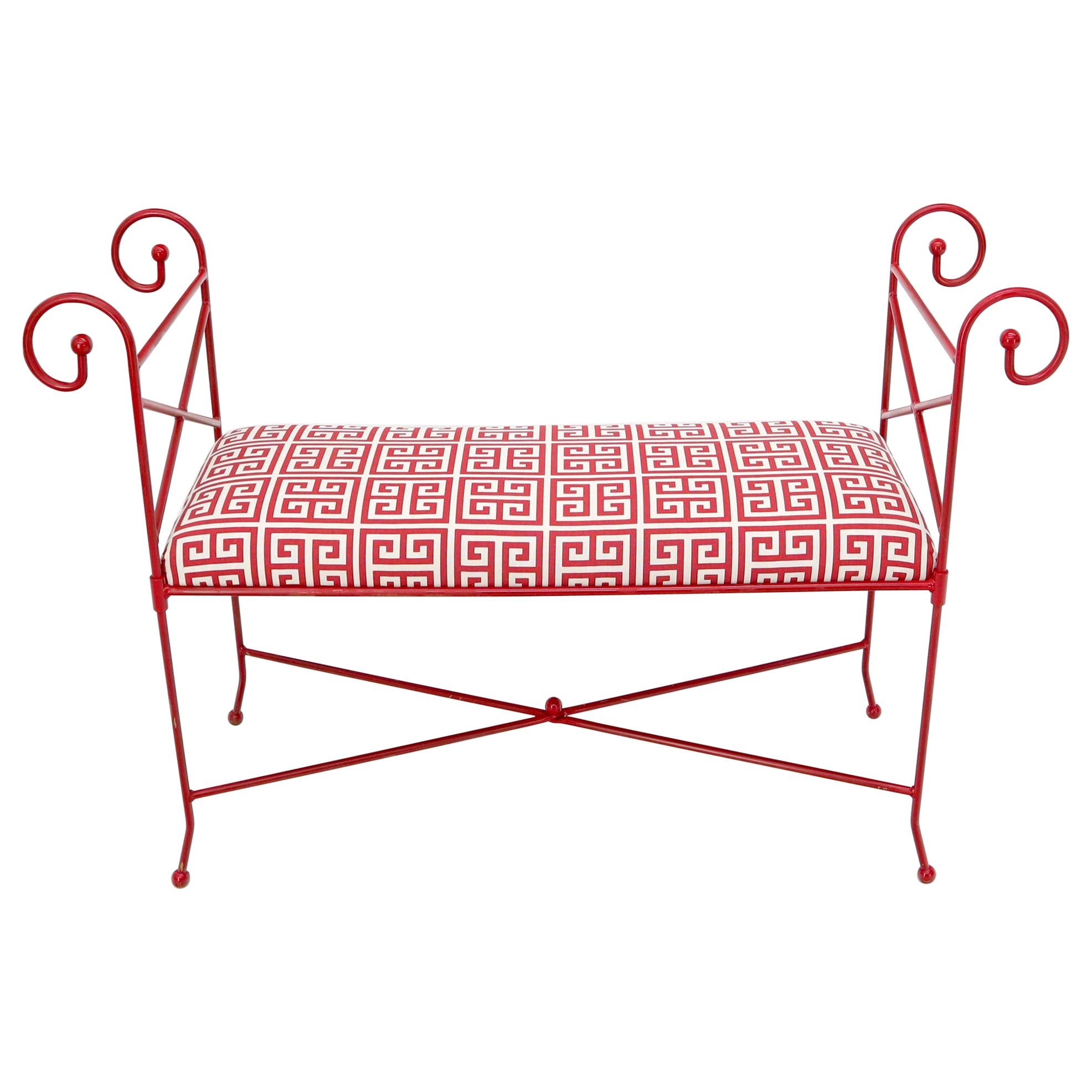 Circa 1960s Wrought Iron Window Bench Fully Restored New Red Lacquer Upholstery