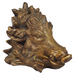 Circa 1965 French Gilt Bronze Sculpture of a Wild Boar, Wall Mount or Lamp Base