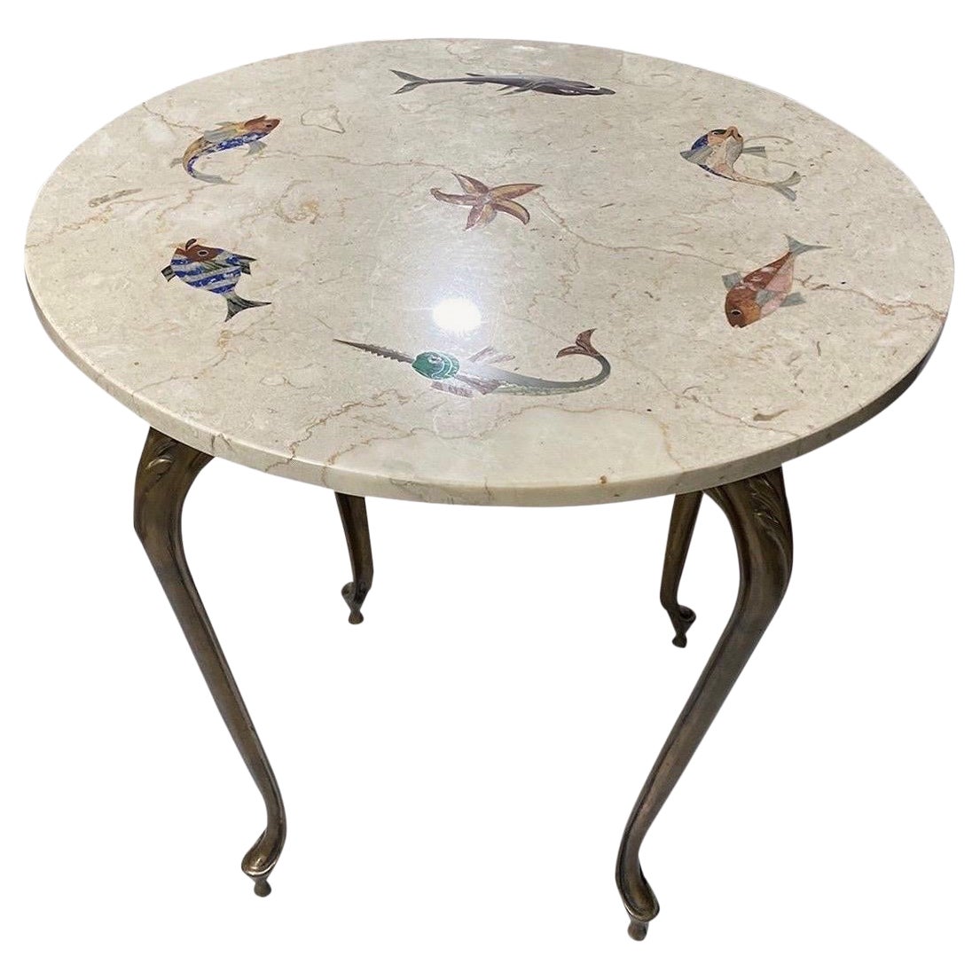 Circa 1965 Richard Blow Style Italian Fish Pietra Dura Marble and Brass Table